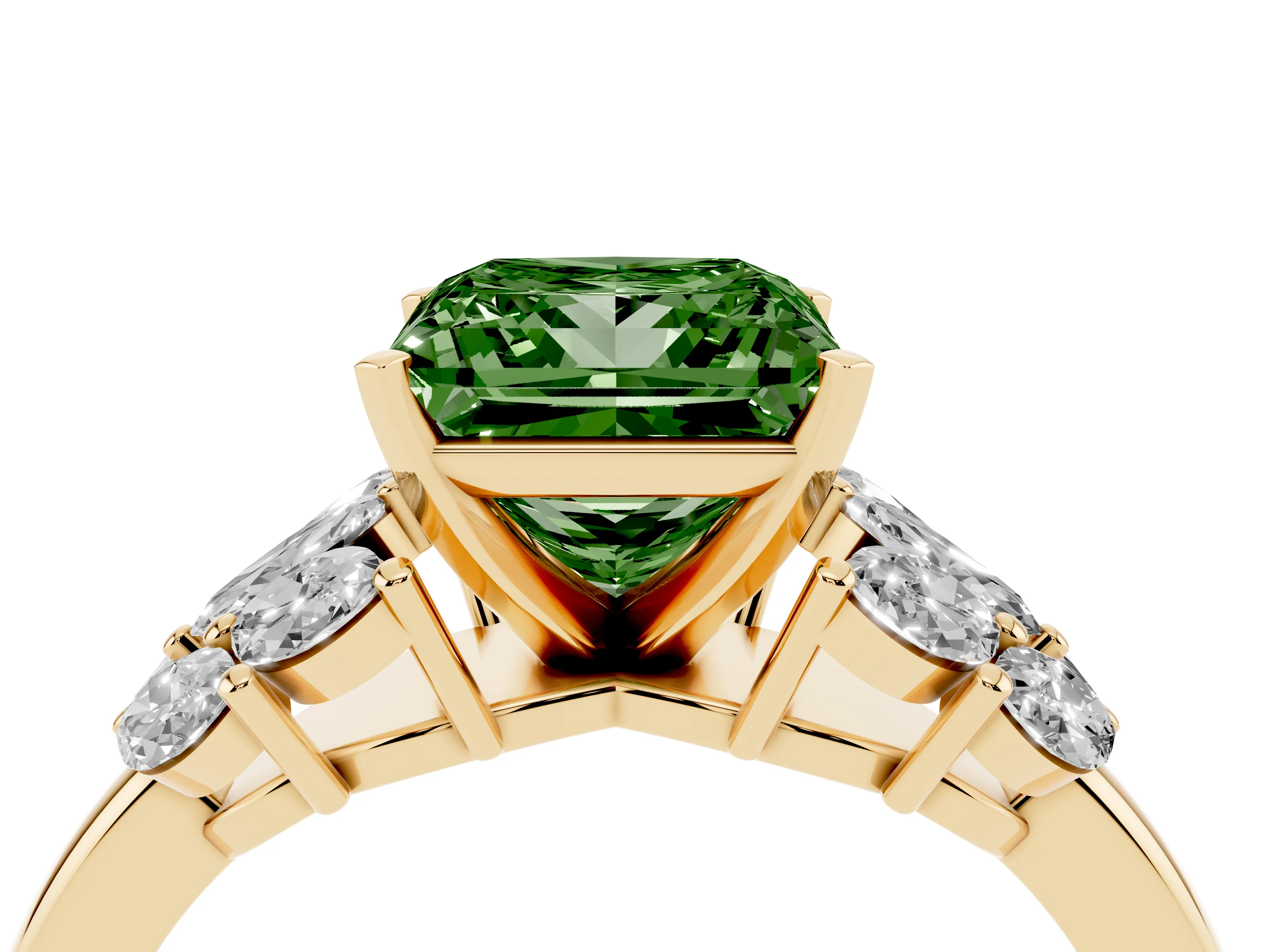 Fancy Green Princess Cut Diamond Cluster Leaf Design Ring Set in Yellow gold with Prong Setting