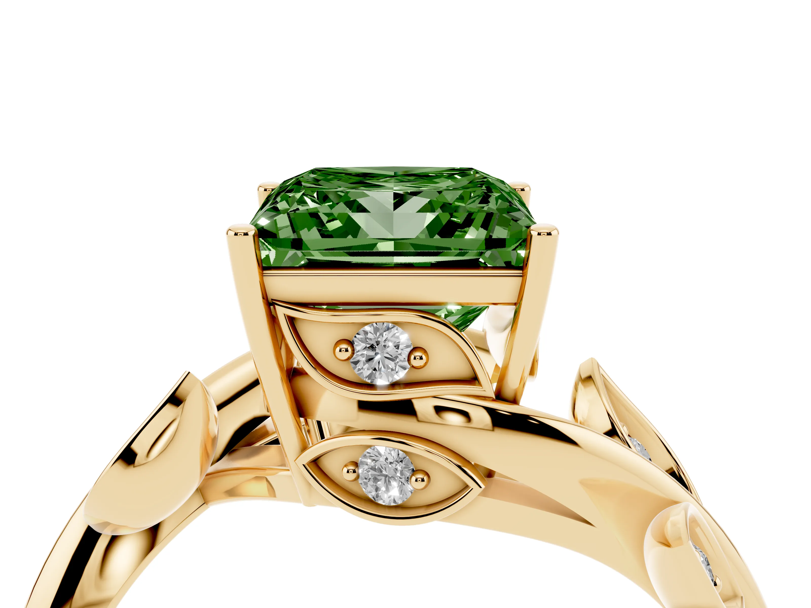 Fancy Green Princess Cut Diamond Solitaire Twist Engagement Ring Set in Yellow gold with Pavé Leaf Accents