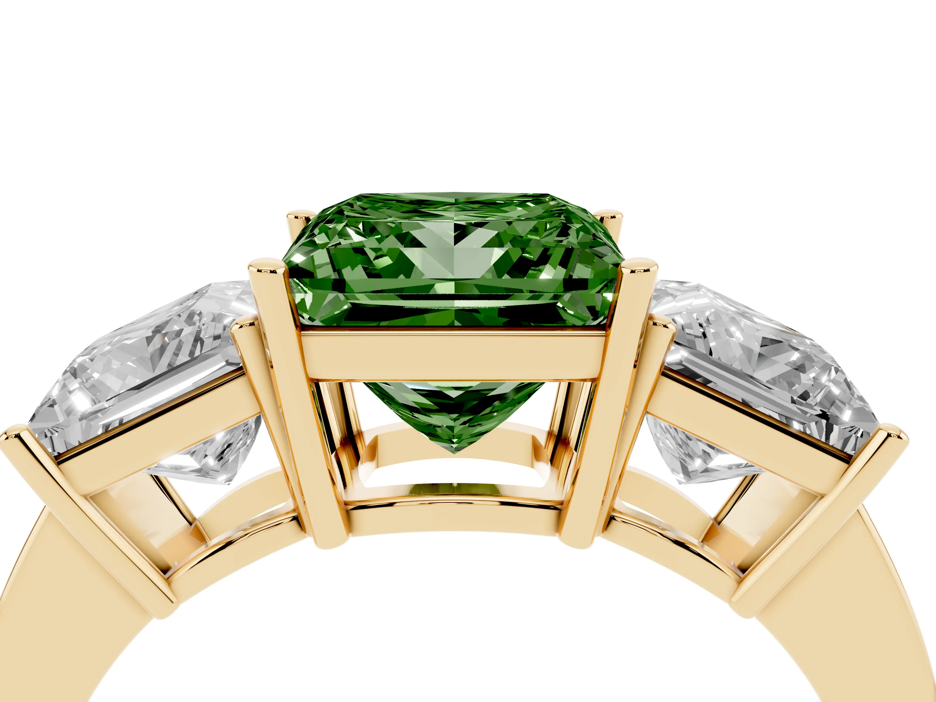 Fancy Green Princess Cut Diamond Three-Stone Engagement Ring Set in Yellow gold with Flat Band