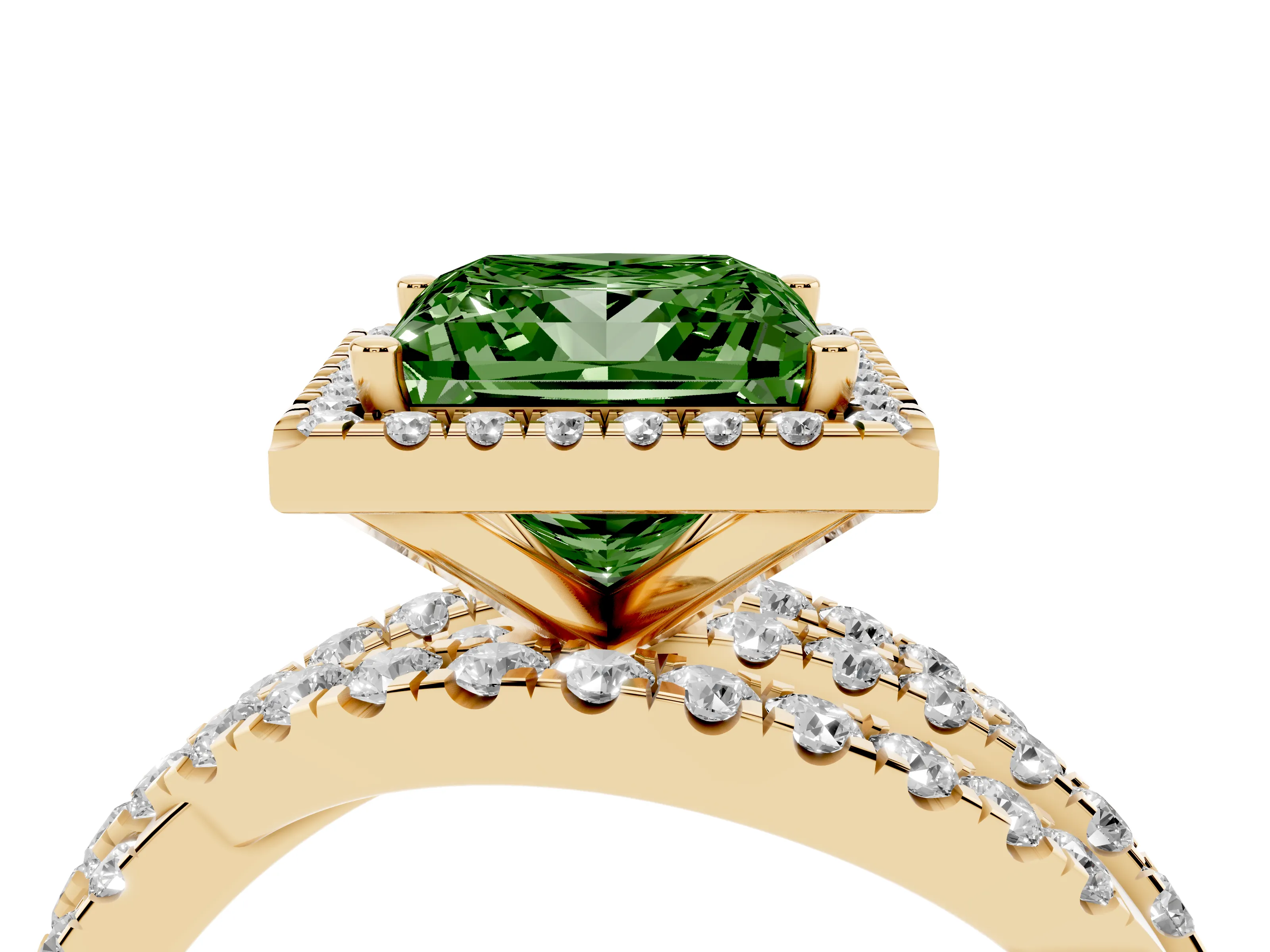 Fancy Green Princess Cut Diamond Halo Ring Set in Yellow gold with Round Crossover Split Shank and Prong Setting