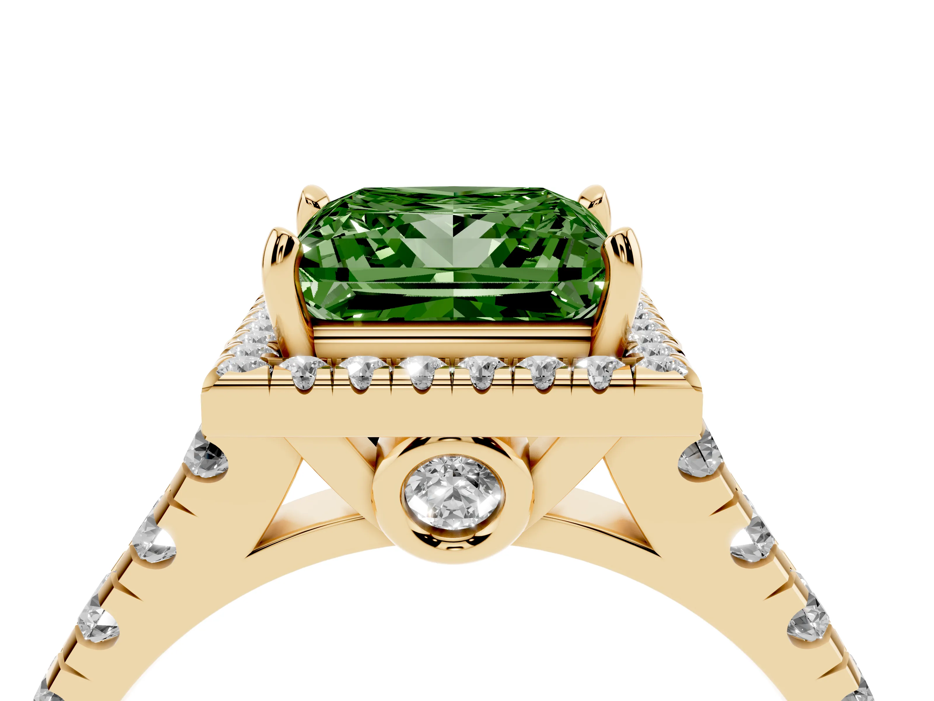 Fancy Green Princess Cut Diamond Halo Engagement Ring Set in Yellow gold with Pavé Band and Prong-Set Center