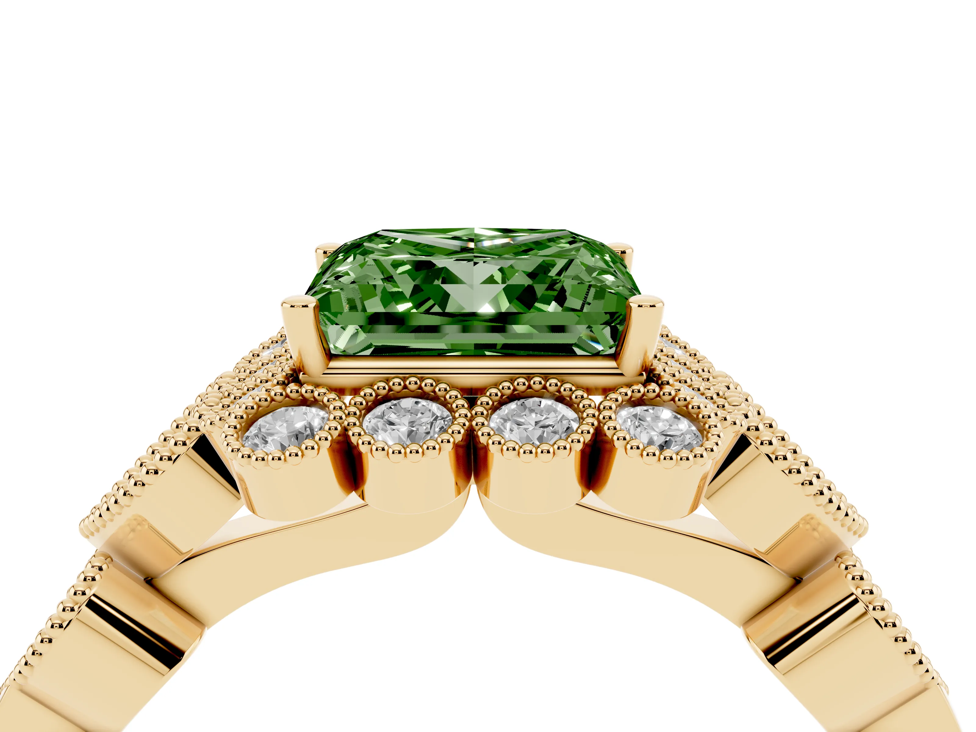 Fancy Green Princess Cut Diamond Solitaire Ring Set in Yellow gold with Milgrain Pavé Heart Band
