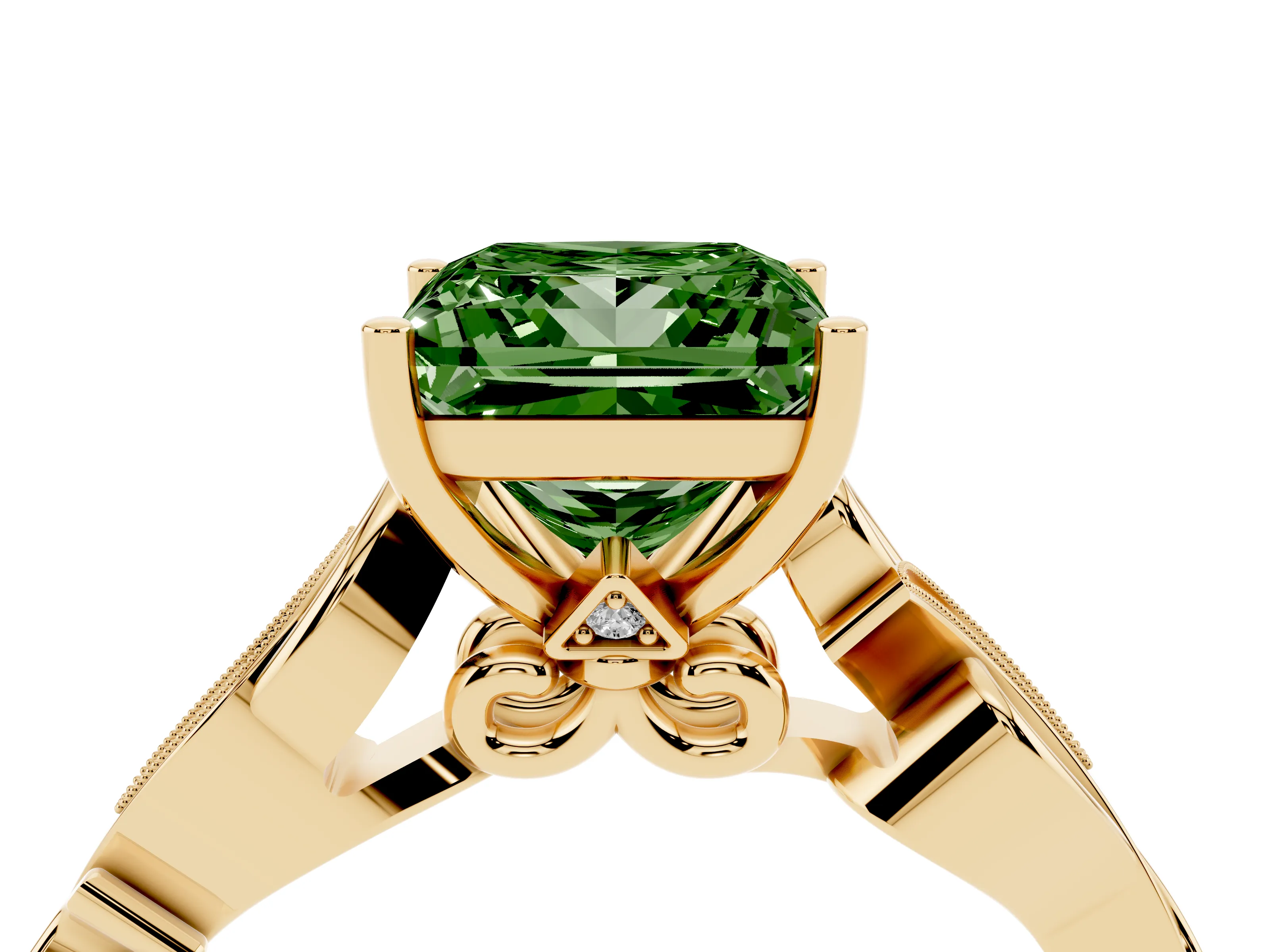 Fancy Green Princess Cut Diamond Vine Band Solitaire Ring Set in Yellow gold with Milgrain Prong Setting