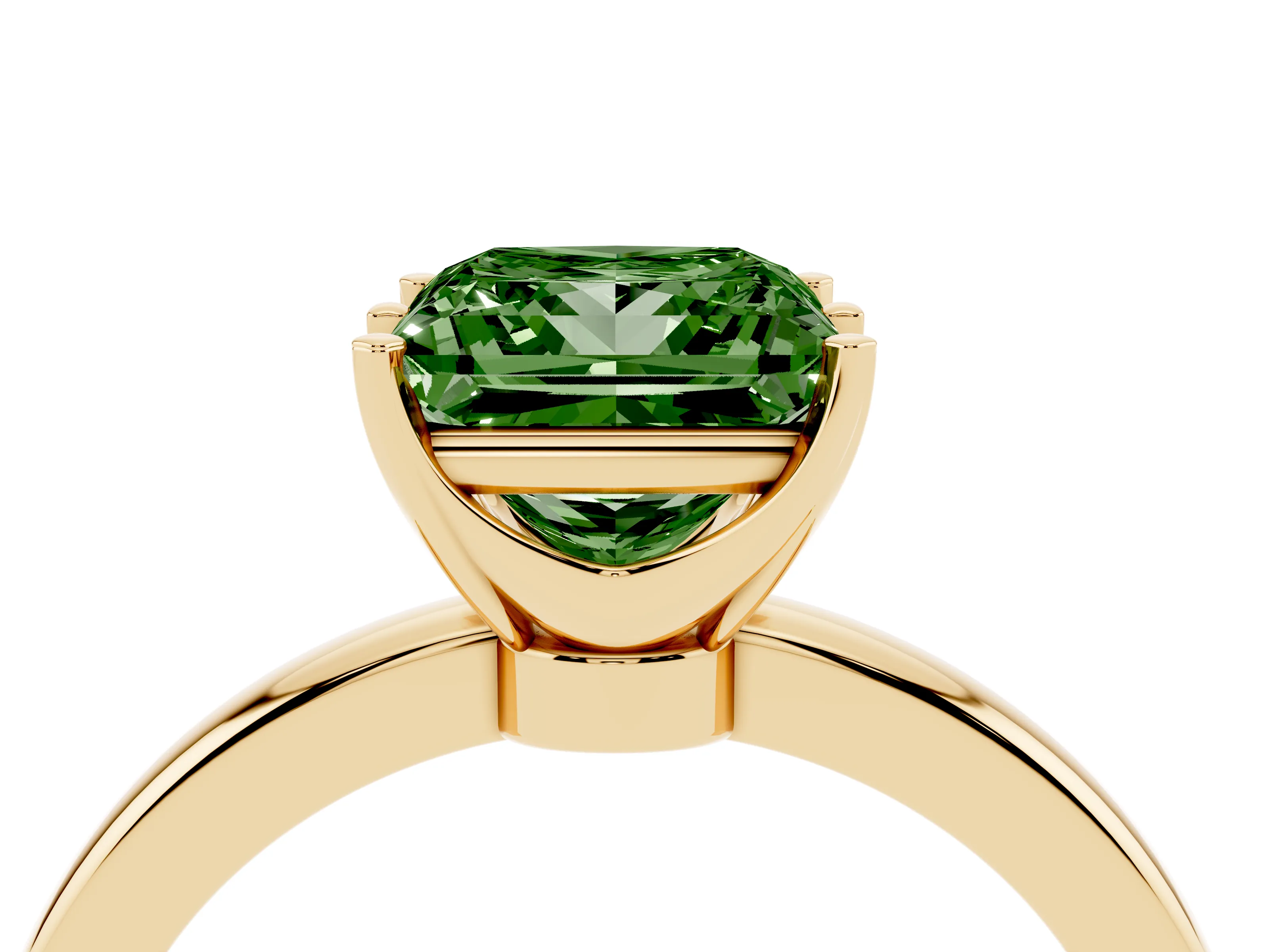 Fancy Green Princess Cut Diamond Solitaire Ring Set in Yellow gold with Raised Prong Setting on a Classic Band