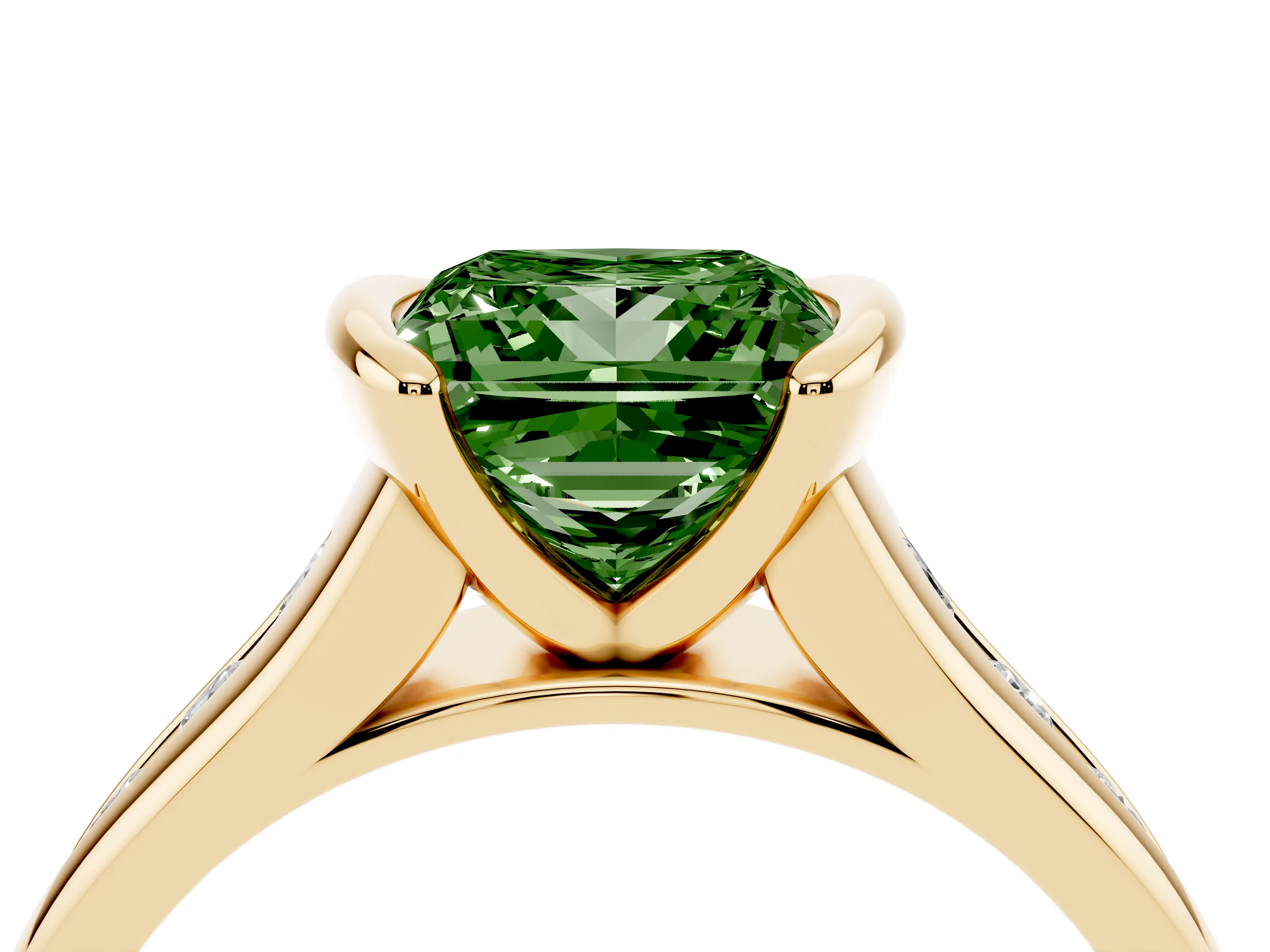 Fancy Green Princess Cut Diamond Bezel-Set Solitaire Ring Set in Yellow gold with Channel-Set Band