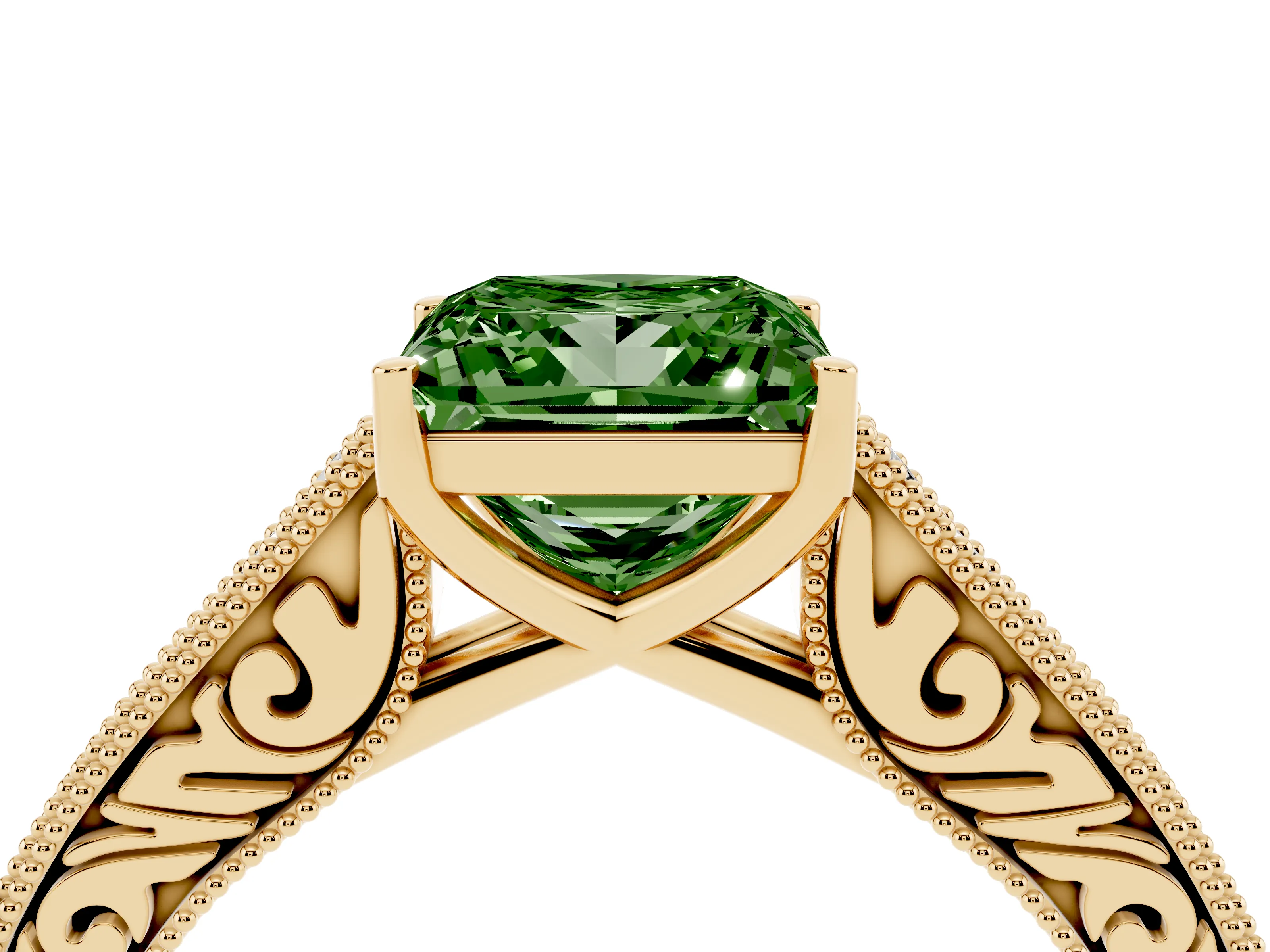 Fancy Green Princess Cut Diamond Milgrain Pavé Band Solitaire Ring Set in Yellow gold with Prong Setting