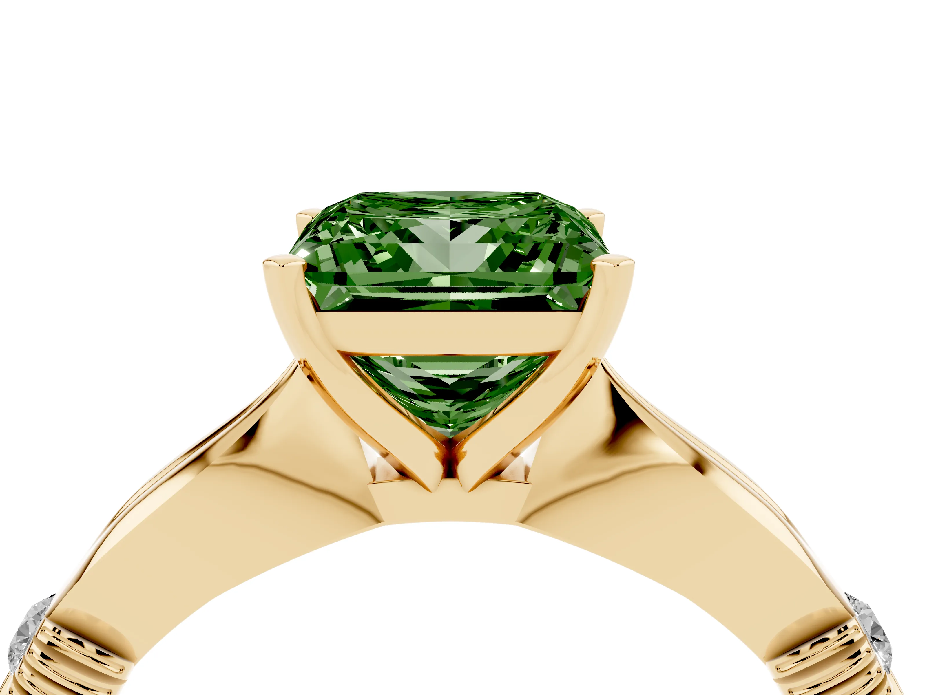 Fancy Green Princess Cut Diamond Solitaire Twisted Band Ring Set in Yellow gold with Accent Stones and Prong Setting