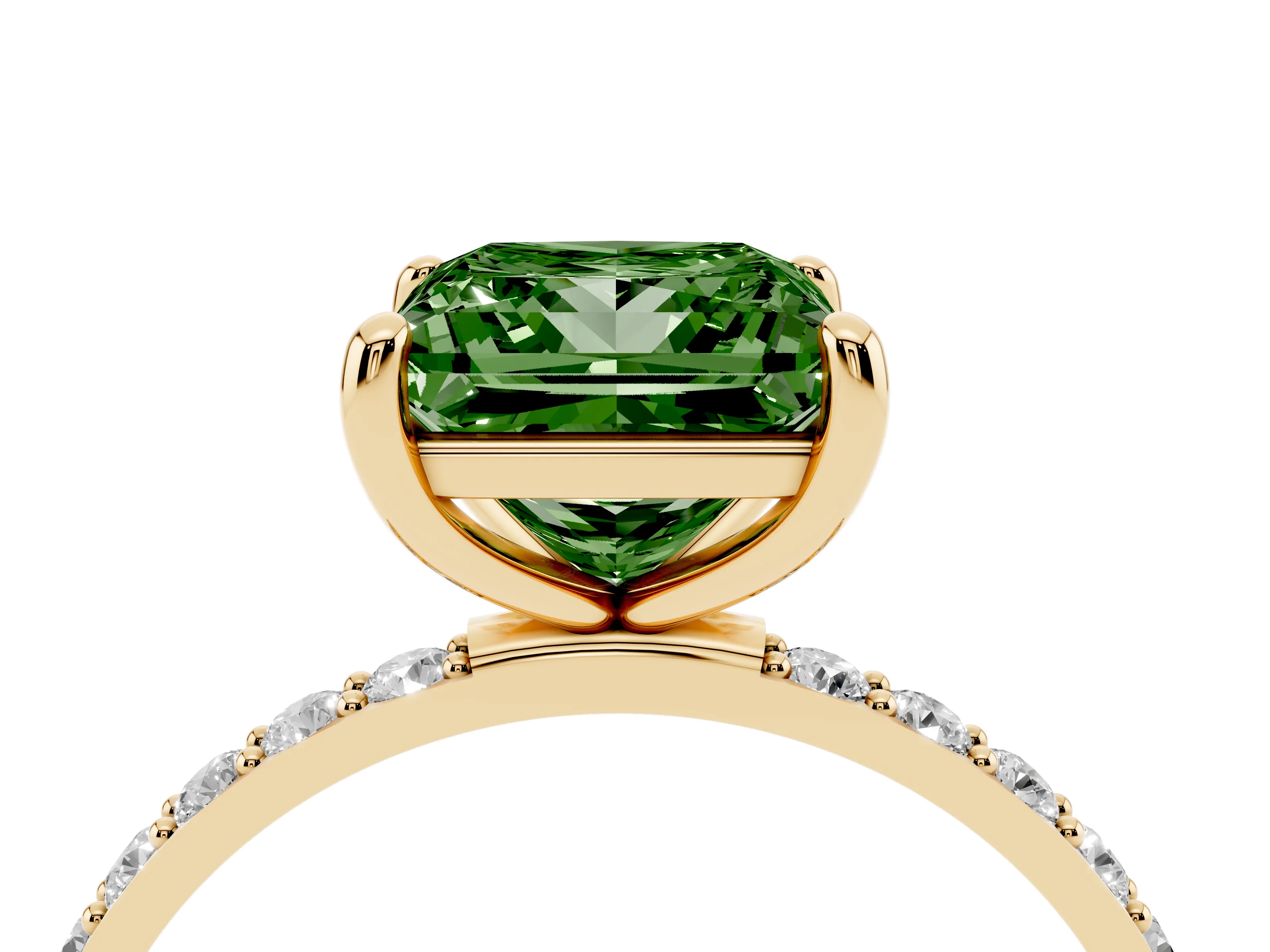 Fancy Green Princess Cut Diamond Solitaire Ring Set in Yellow gold with Round Pavé Band and Prong Setting