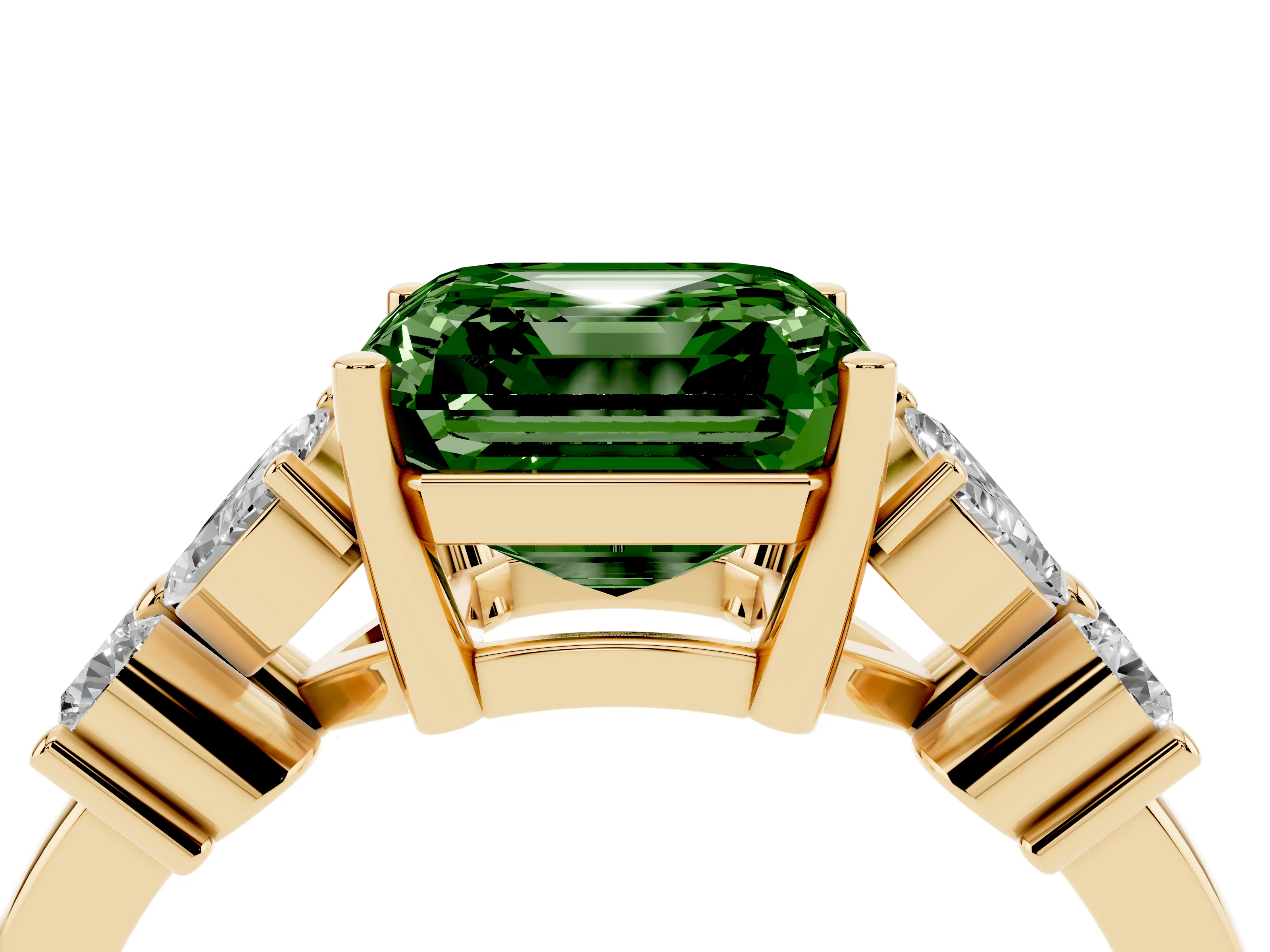 Fancy Green Princess Cut Diamond Floral Cluster Ring Set in Yellow gold with Marquise Petals and Prong Setting