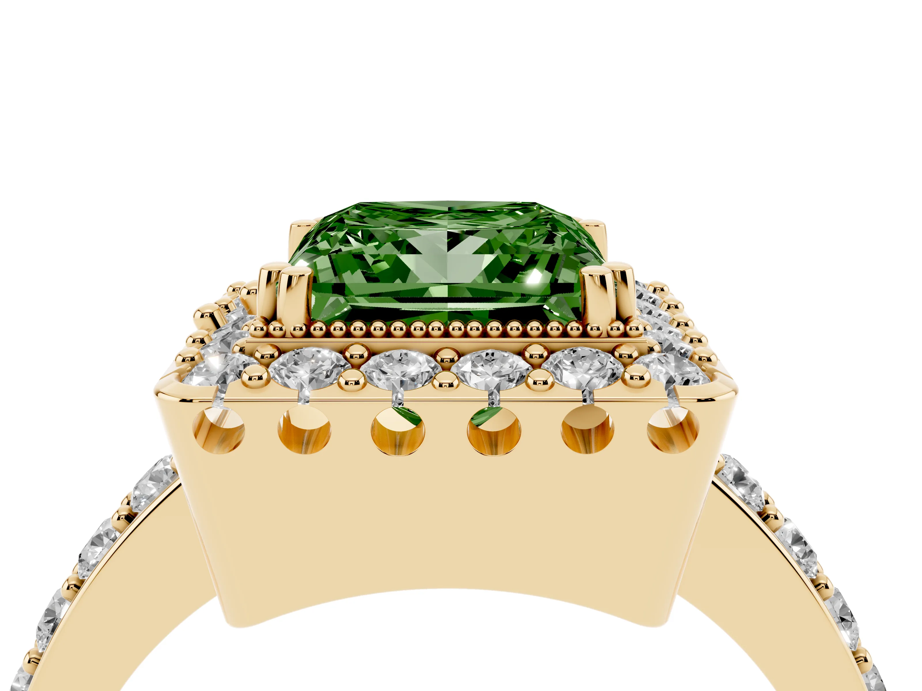 Fancy Green Princess Cut Diamond Halo Ring Set in Yellow gold with Pavé Shank and Prong Setting