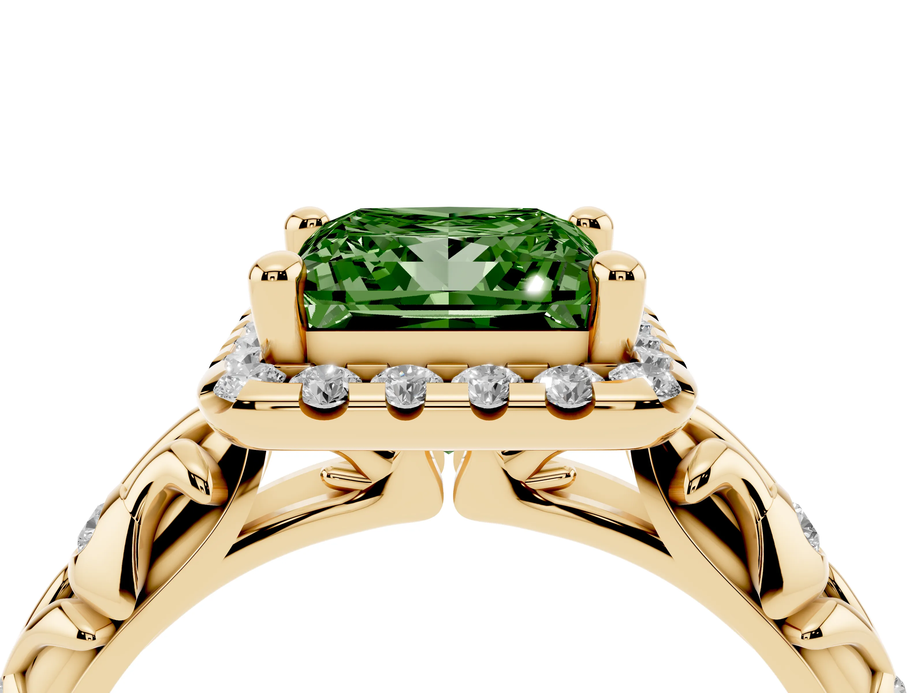 Fancy Green Princess Cut Diamond Halo Ring Set in Yellow gold with Filigree Leaf Band and Prong Setting