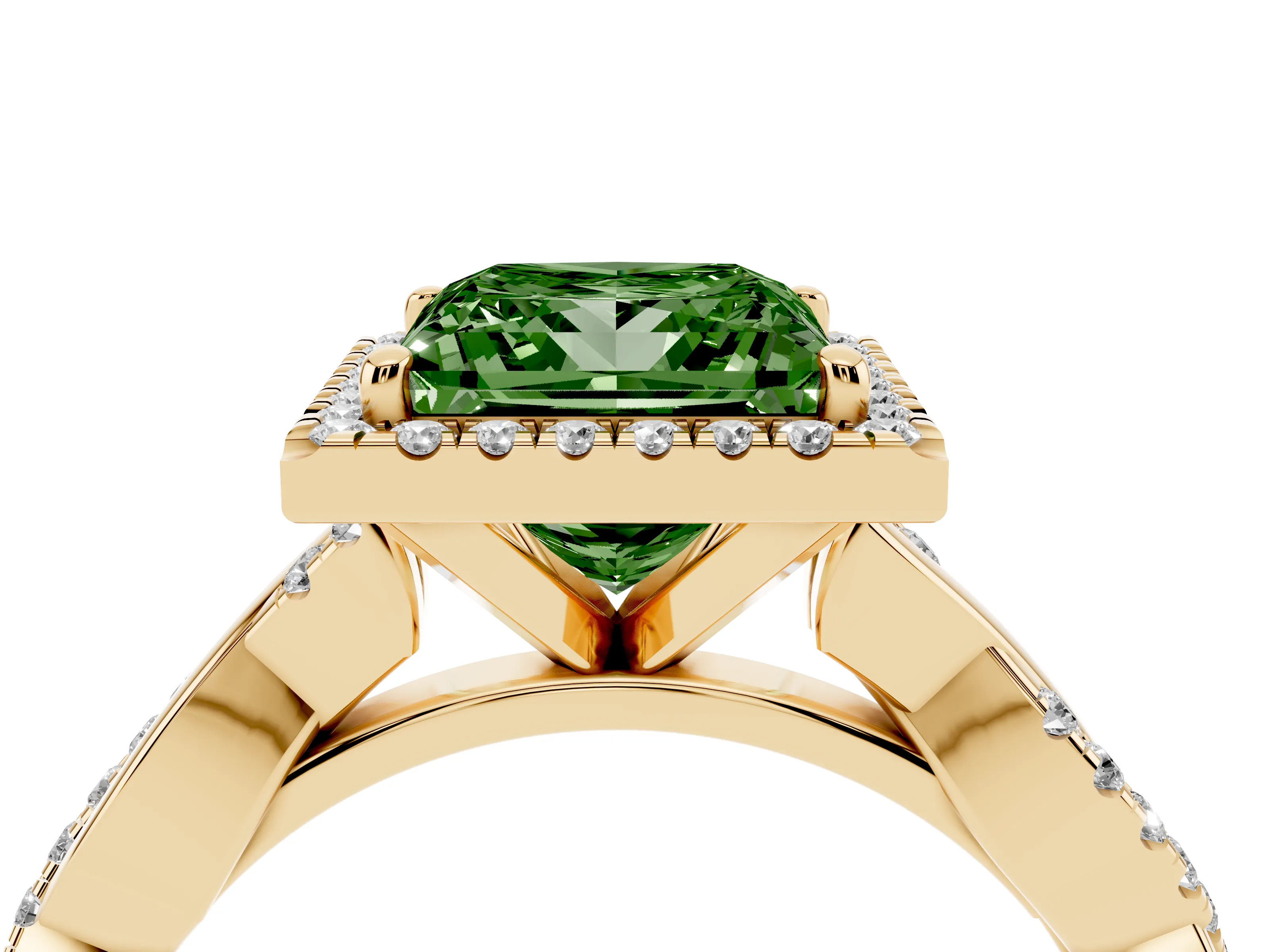 Fancy Green Princess Cut Diamond Halo Twisted Band Ring Set in Yellow gold with Prong Setting