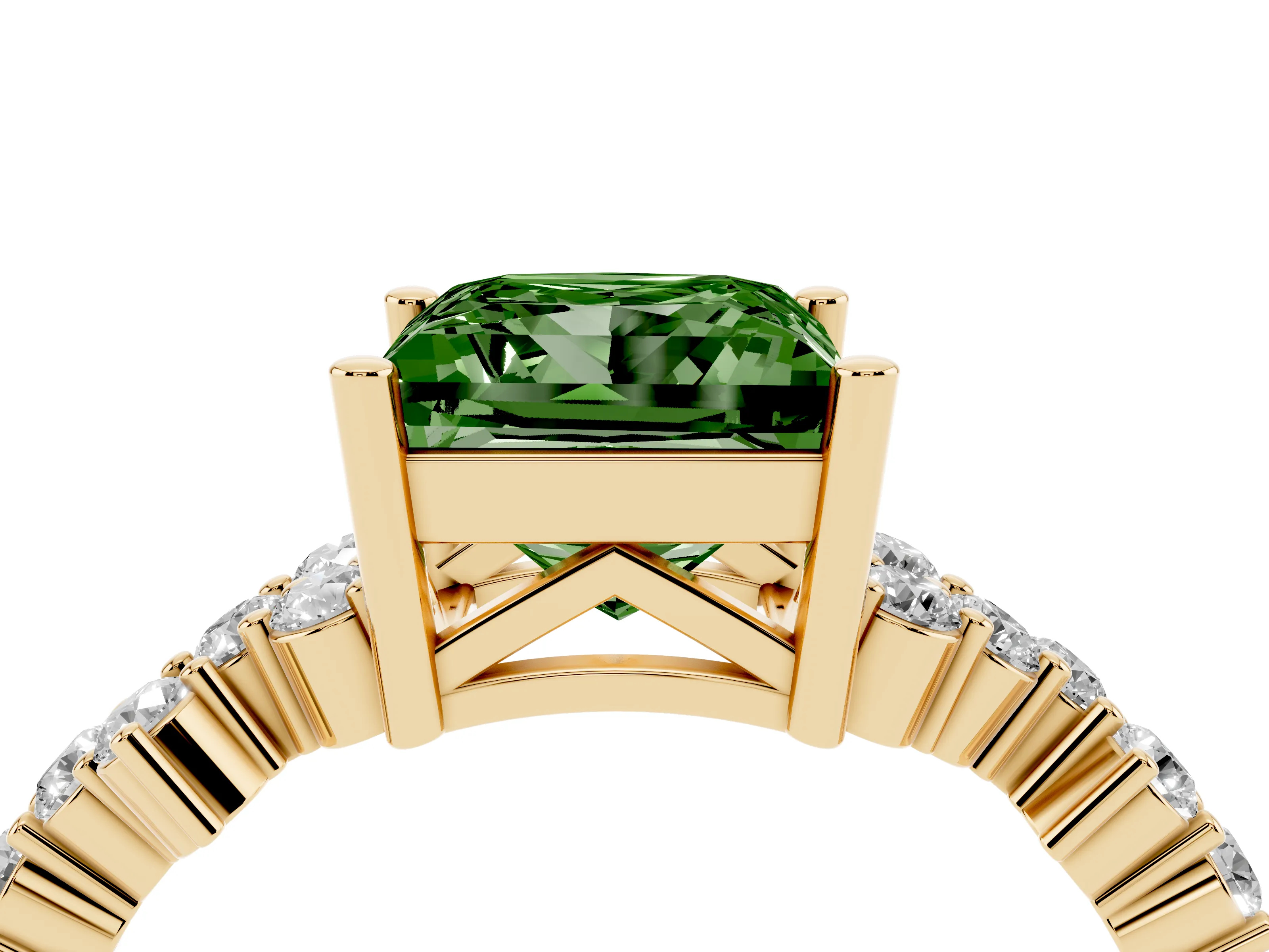 Fancy Green Princess Cut Diamond Ring Set in Yellow gold with Scattered Round Accents