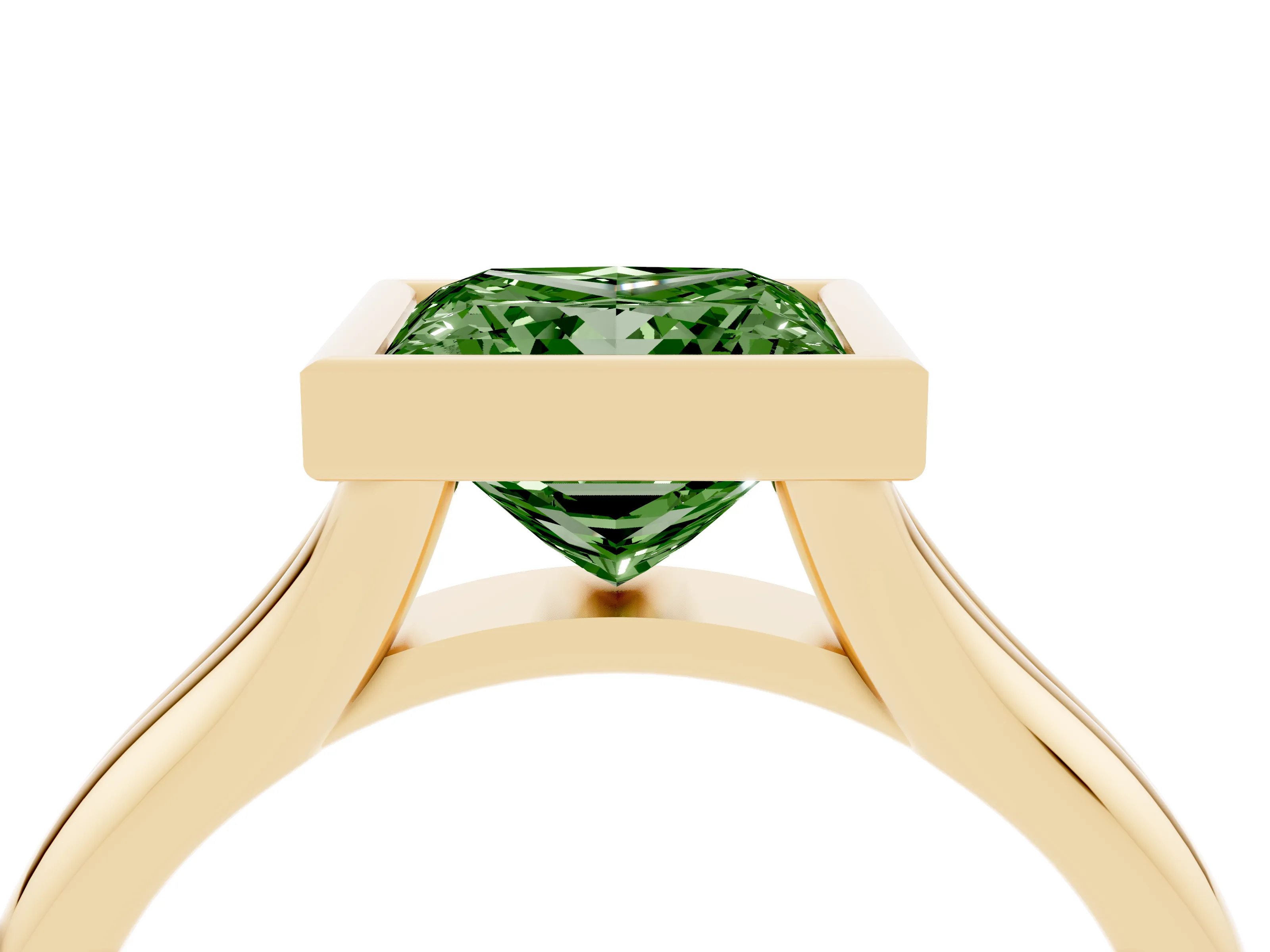 Fancy Green Bezel Set Princess Cut Diamond Solitaire Ring Set in Yellow gold with Smooth Band