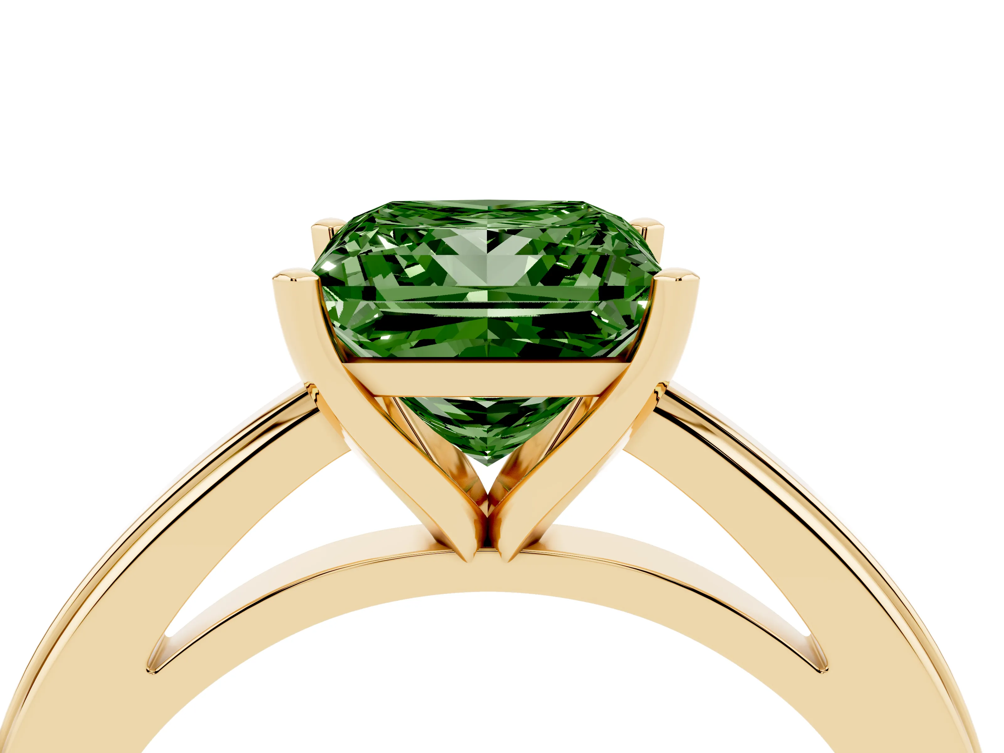 Fancy Green Princess Cut Diamond Solitaire Ring Set in Yellow gold with Prong Setting and Classic Band
