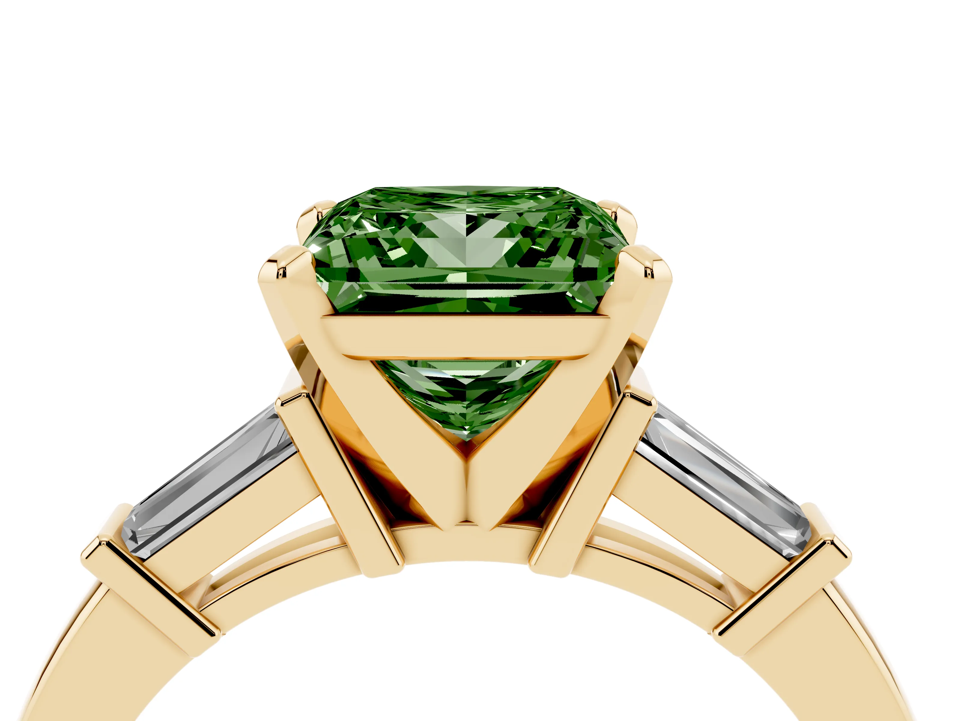 Fancy Green Princess Cut Diamond Solitaire Ring Set in Yellow gold with Tapered Baguette Accents and Prong Setting