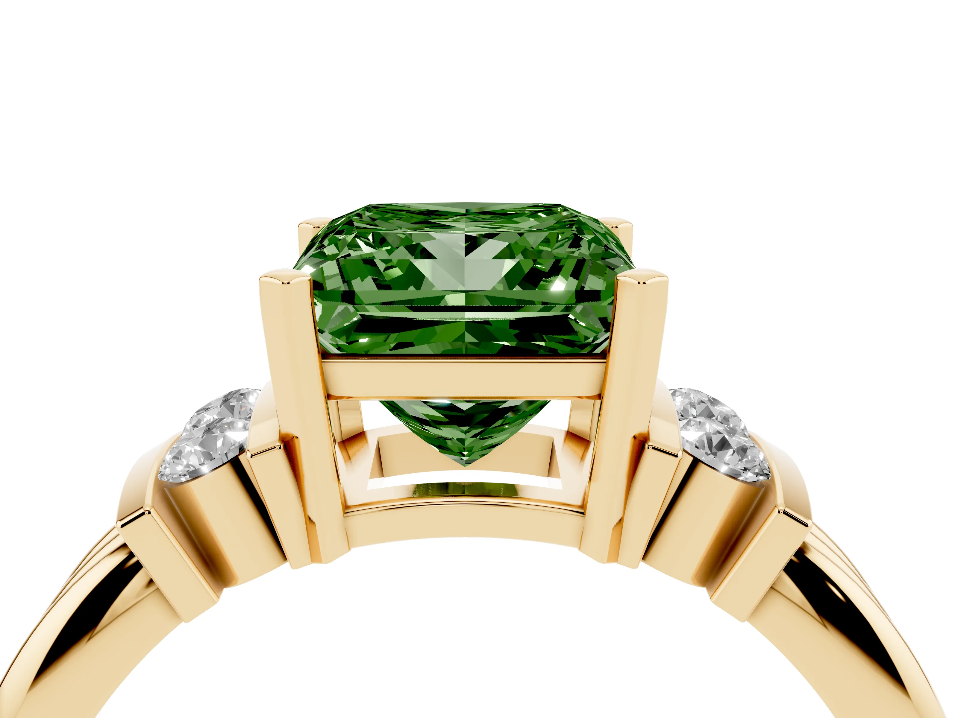 Fancy Green Three-Stone Princess Cut Diamond Channel Set Ring Set in Yellow gold with Bar Prongs