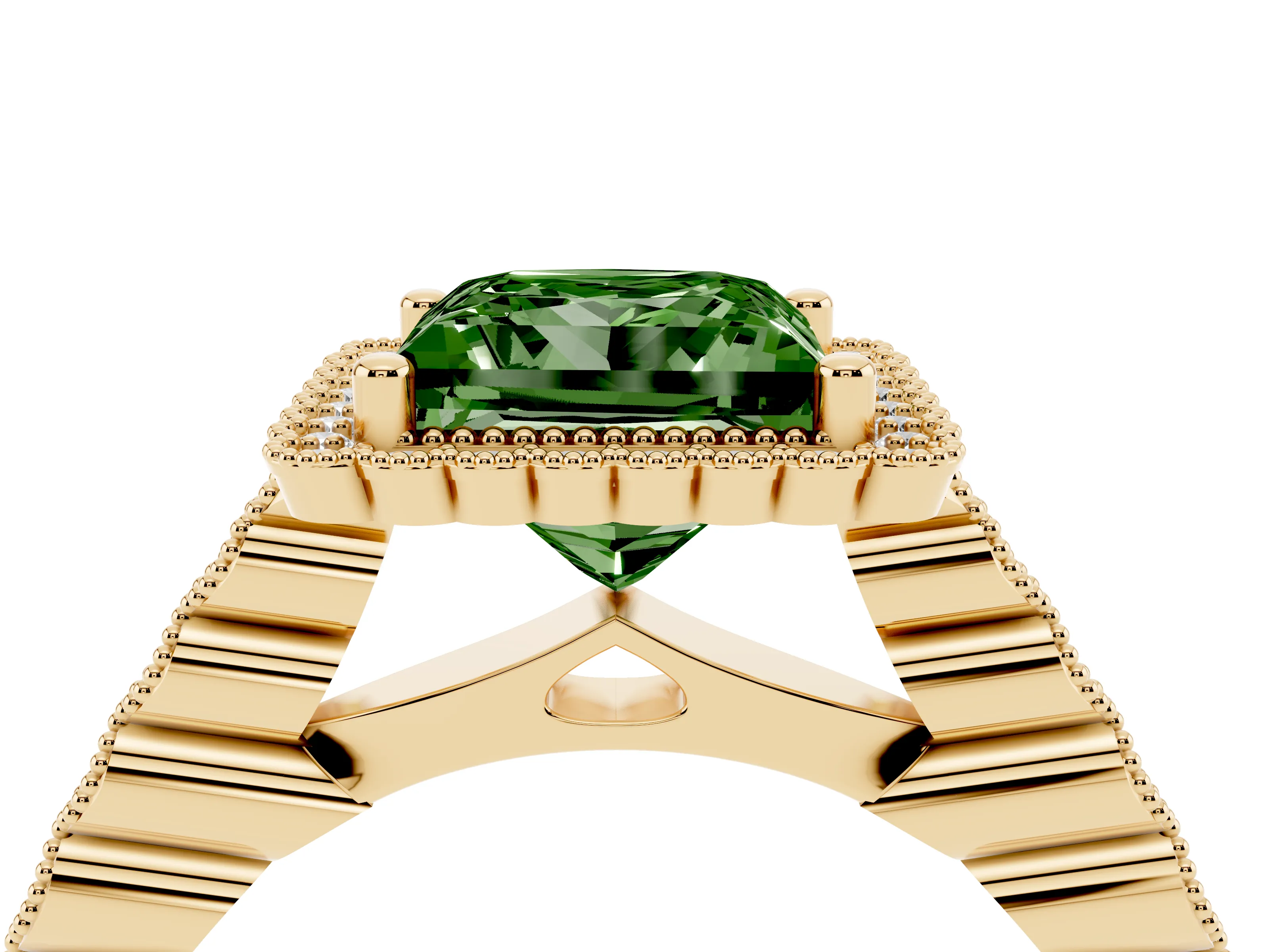 Fancy Green Princess Cut Diamond Halo Ring Set in Yellow gold with Pavé Milgrain Band