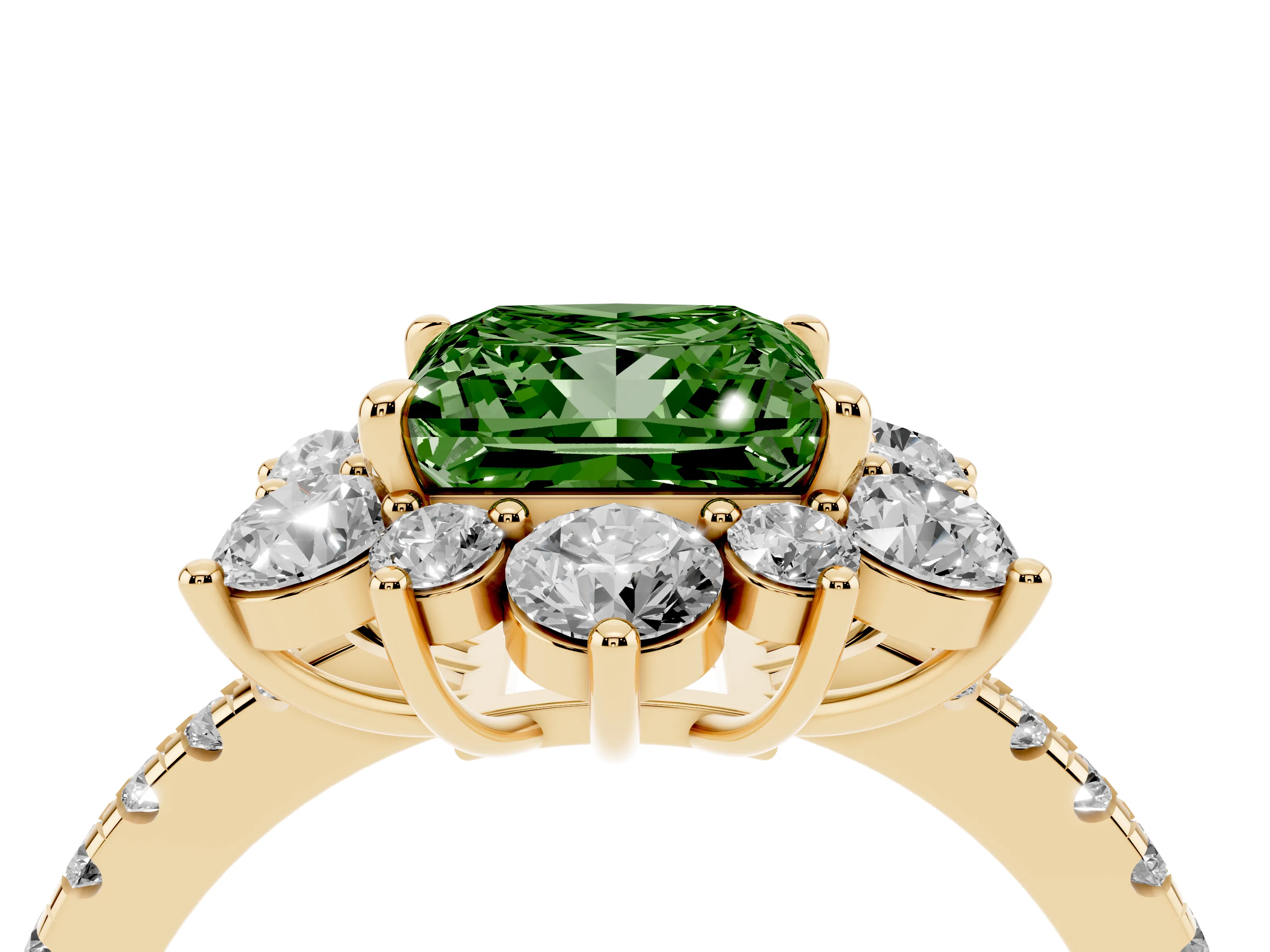 Fancy Green Princess Cut Diamond Floral Halo Ring Set in Yellow gold with Round Pavé Band and Prong Setting