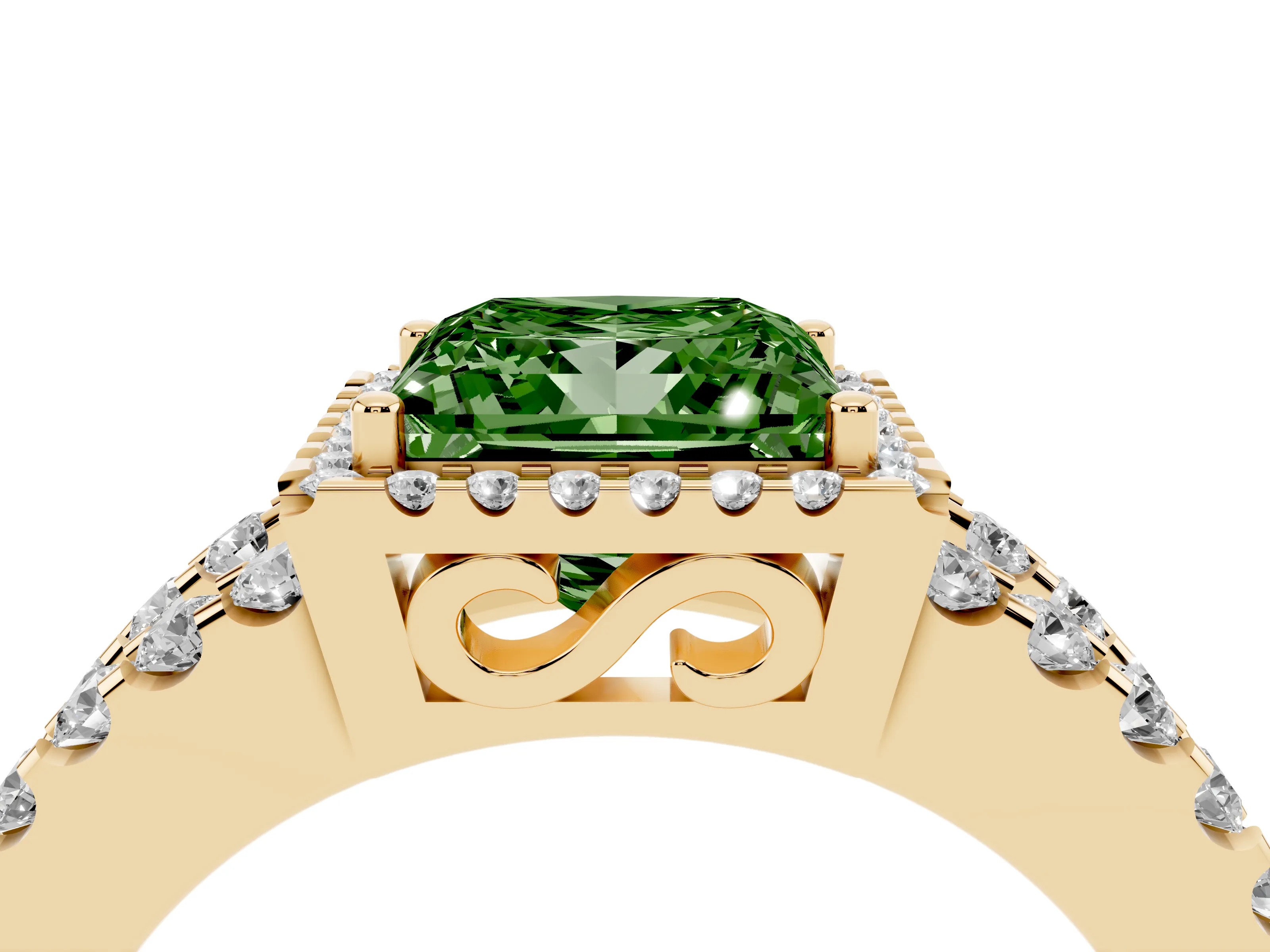 Fancy Green Princess Cut Diamond Halo Ring Set in Yellow gold with Pavé Split Shank and Prong Setting