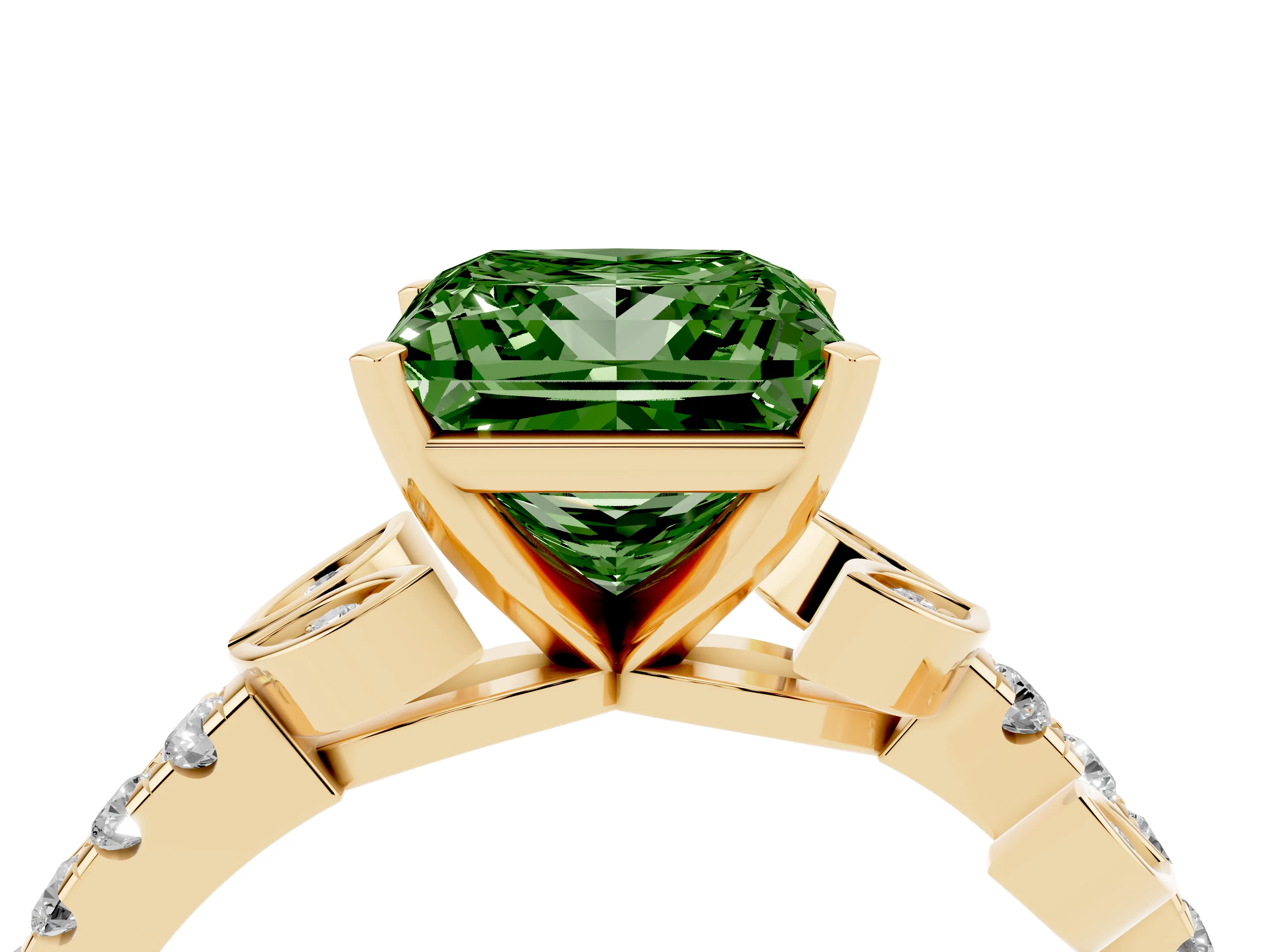 Fancy Green Princess Cut Diamond Solitaire Leaf-Inspired Ring Set in Yellow gold with Pavé Band and Prong Setting