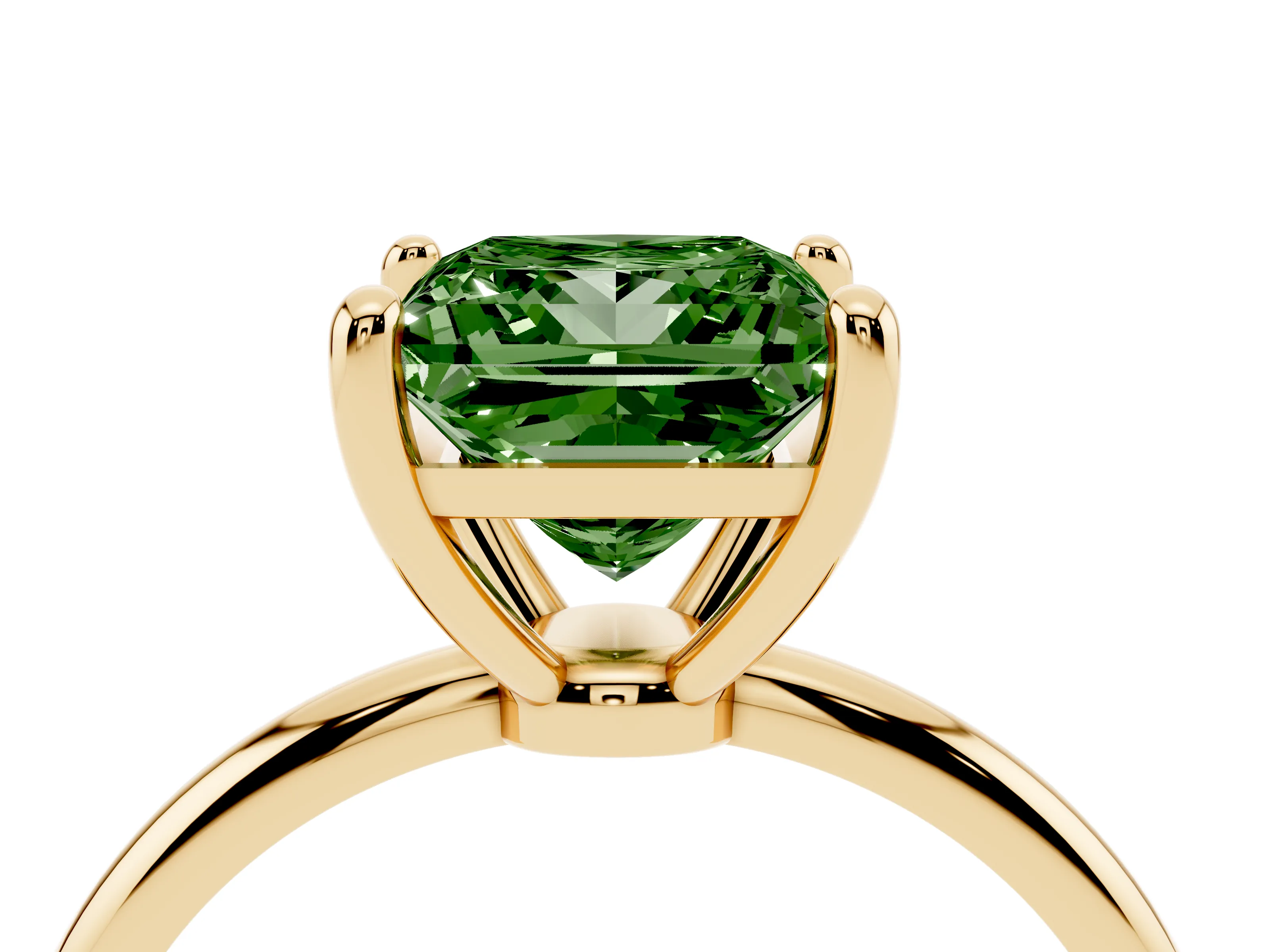 Fancy Green Princess Cut Diamond Solitaire Ring Set in Yellow gold with Secure Prong Setting on a Classic Band
