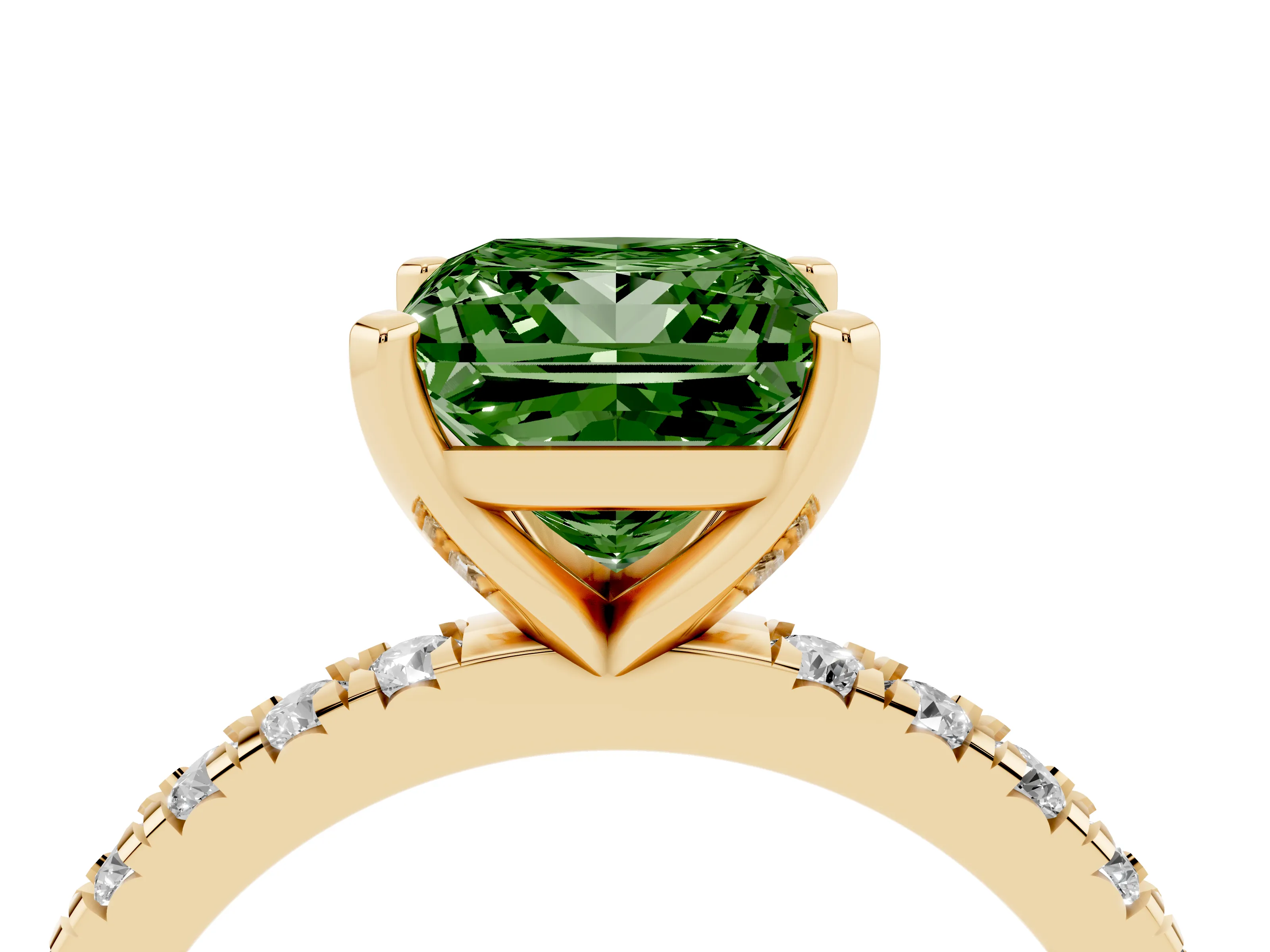 Fancy Green Princess Cut Diamond Pavé Band Solitaire Set in Yellow gold with Prong Setting