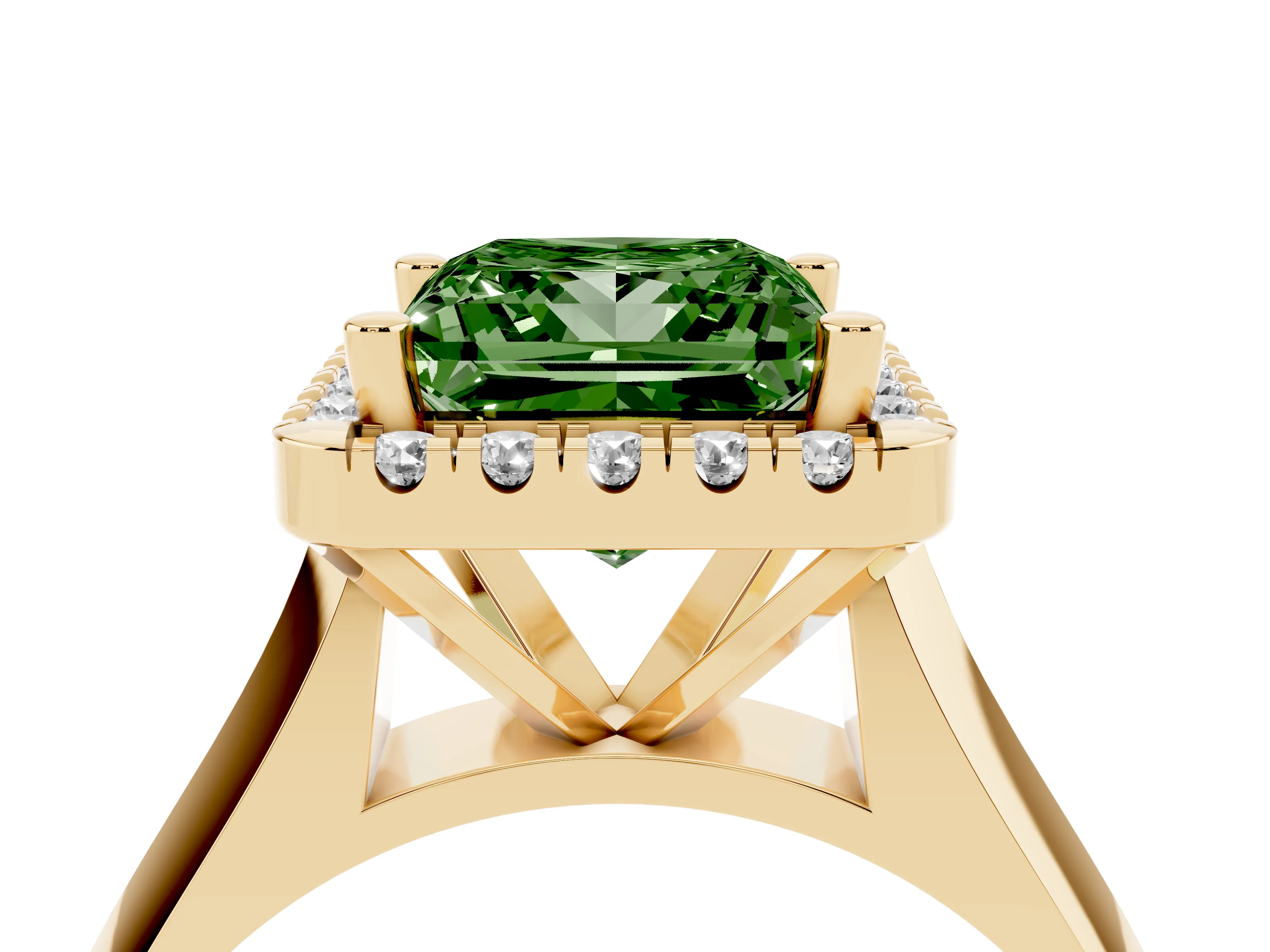 Fancy Green Princess Cut Diamond Halo Solitaire Engagement Ring Set in Yellow gold with Square Band and Prong Setting
