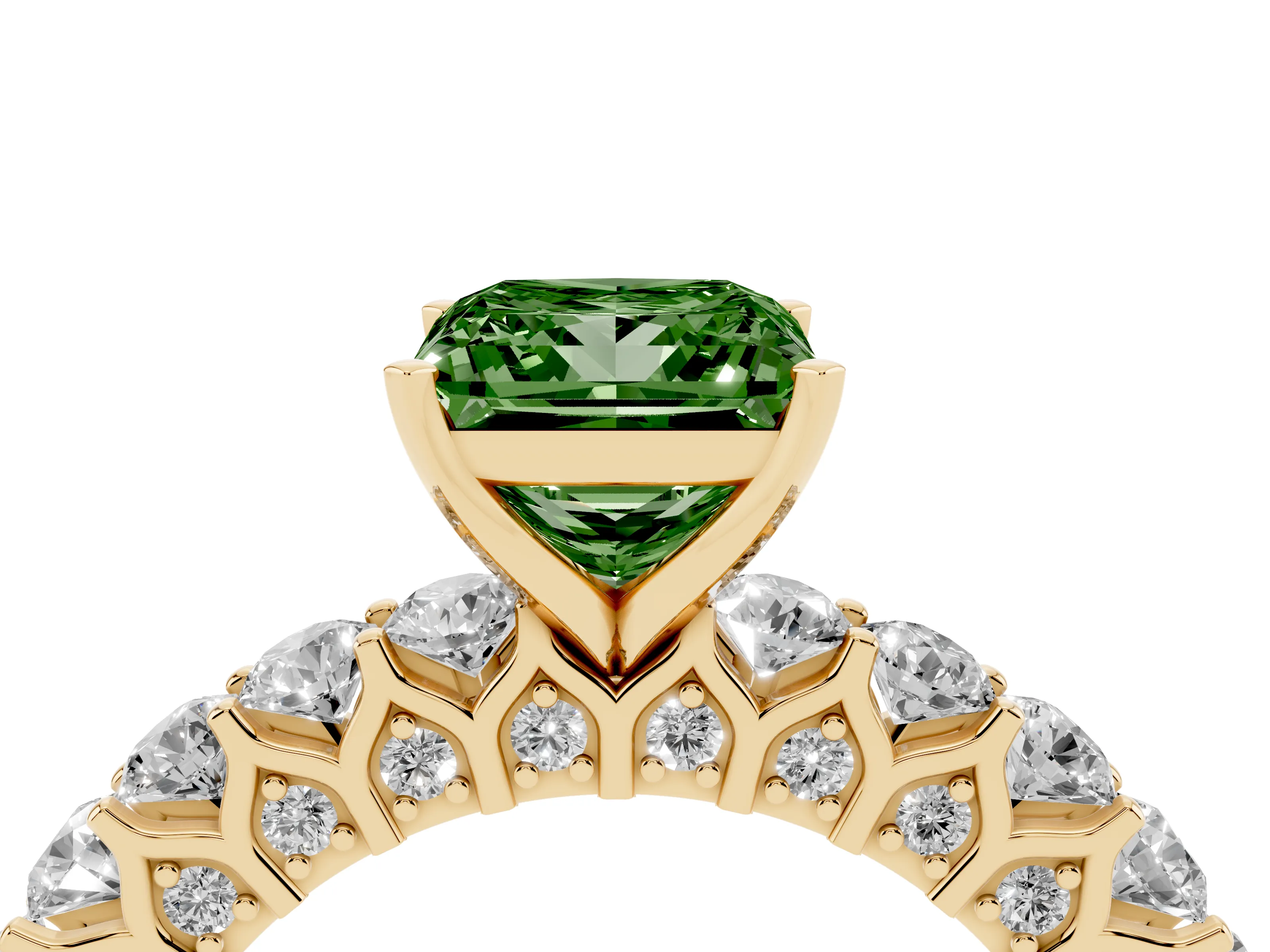 Fancy Green Princess Cut Diamond Solitaire Ring Set in Yellow gold with Shared Prong Pavé Band