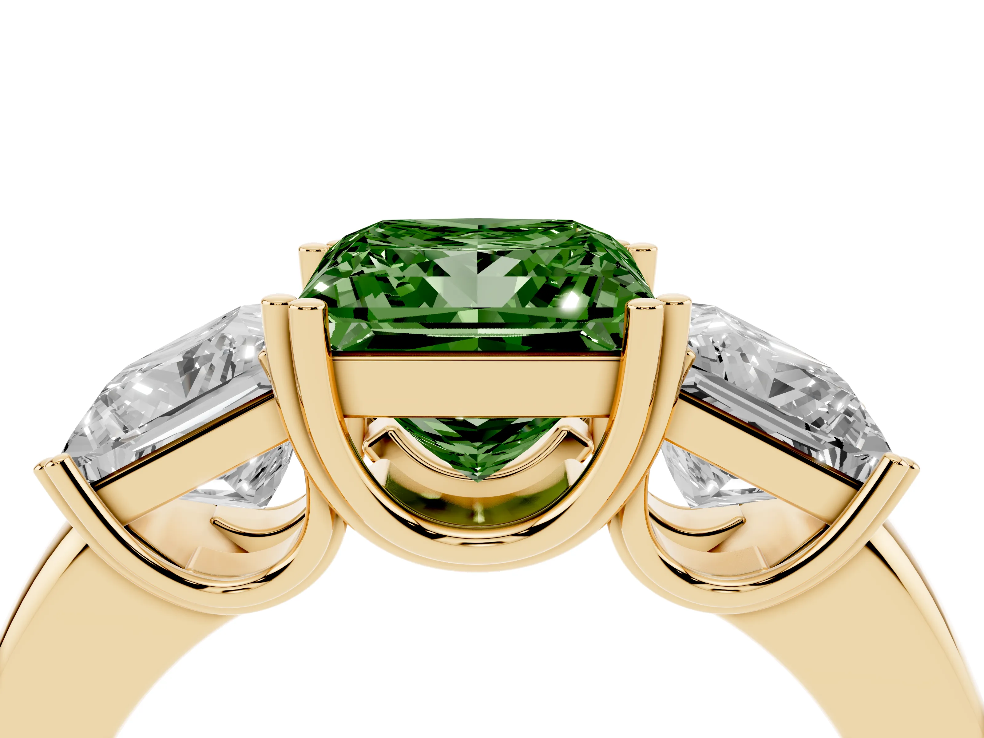 Fancy Green Princess Cut Diamond Three-Stone Ring Set in Yellow gold with Polished Channel-Set Band