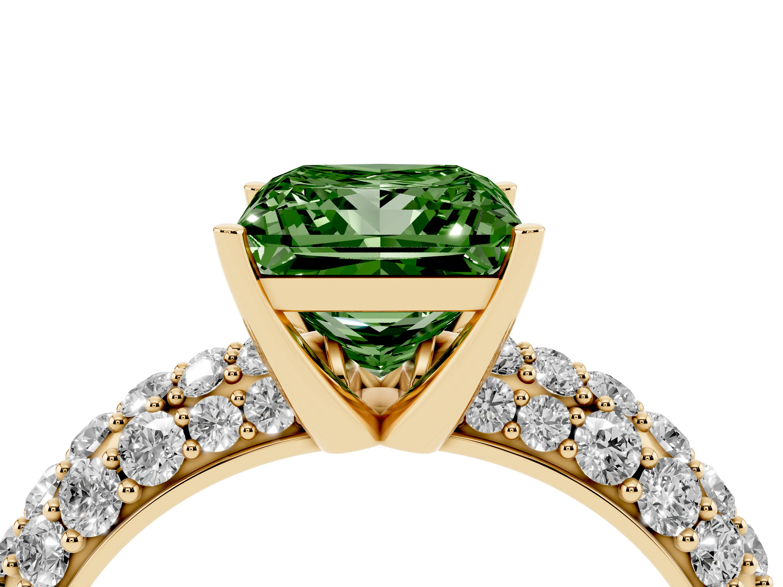 Fancy Green Princess Cut Diamond Pavé Band Solitaire Ring Set in Yellow gold with Close-Set Accent Stones and Prong Setting