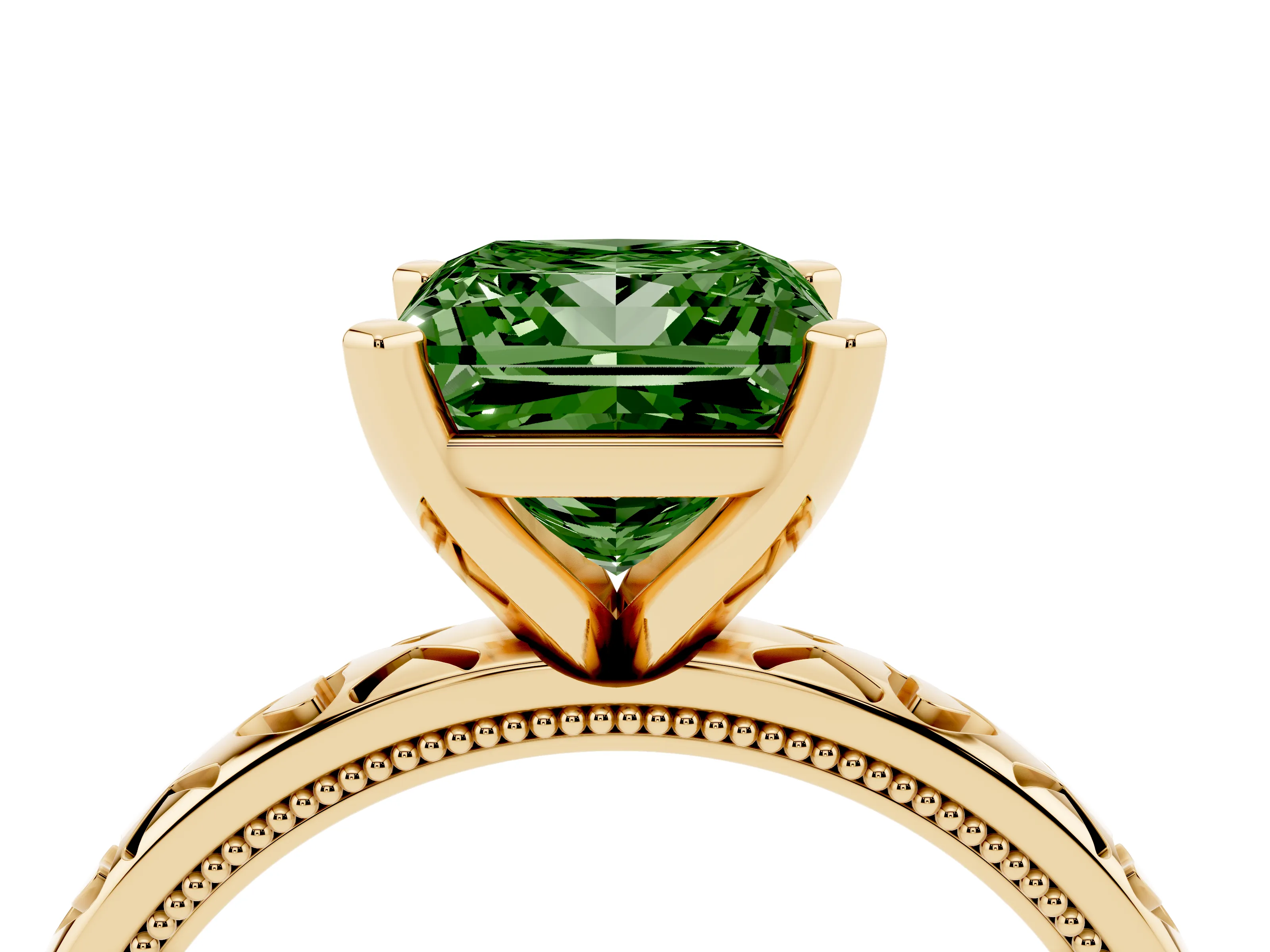 Fancy Green Princess Cut Diamond Solitaire Engagement Ring Set in Yellow gold with XO Engraved Band and Prong Setting