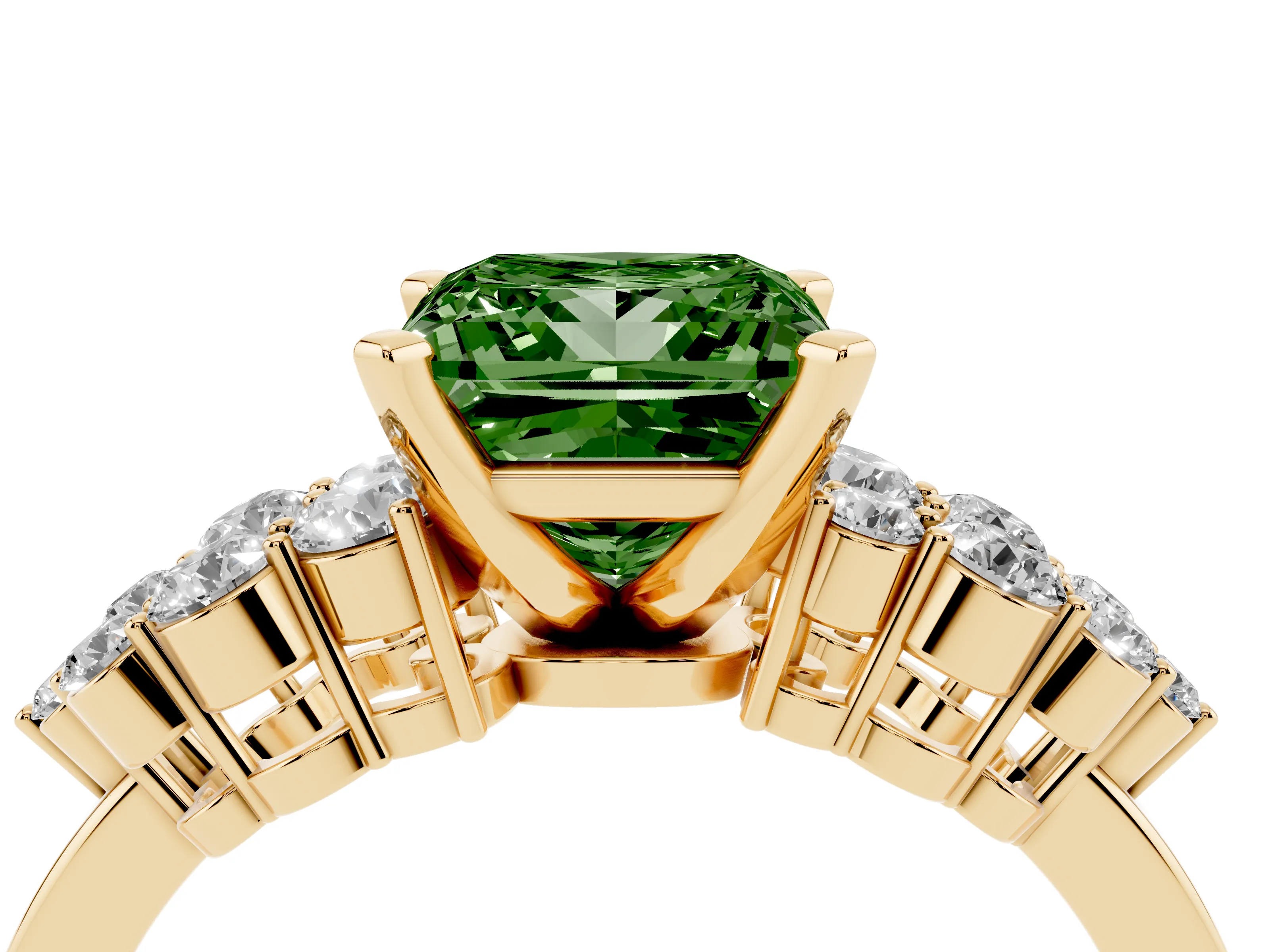 Fancy Green Princess Cut Diamond Cluster Engagement Ring Set in Yellow gold with Pavé Band and Prong Setting