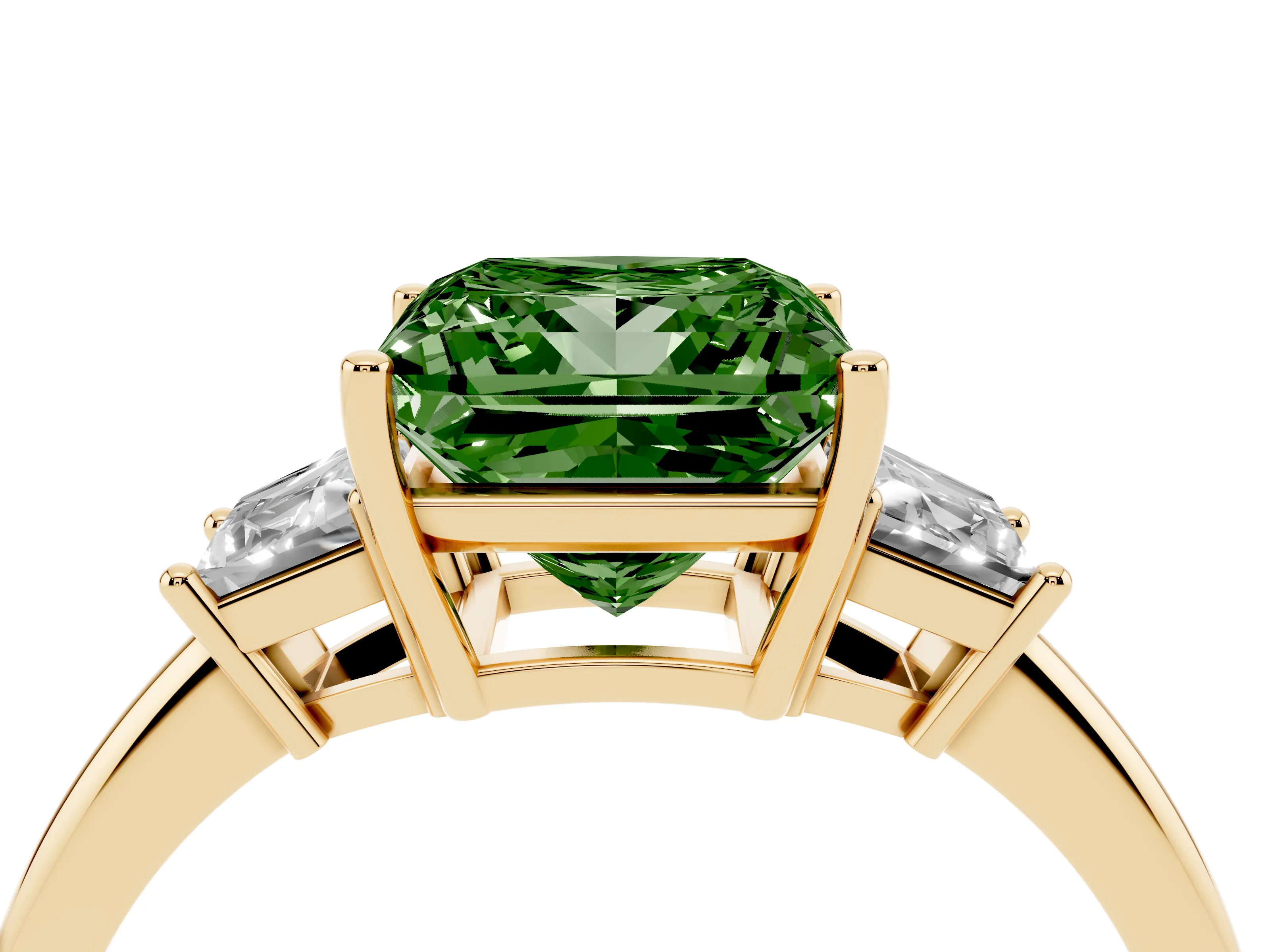 Fancy Green Princess Cut Diamond Three-Stone Ring Set in Yellow gold with Trapezoid Side Stones and Prong Setting