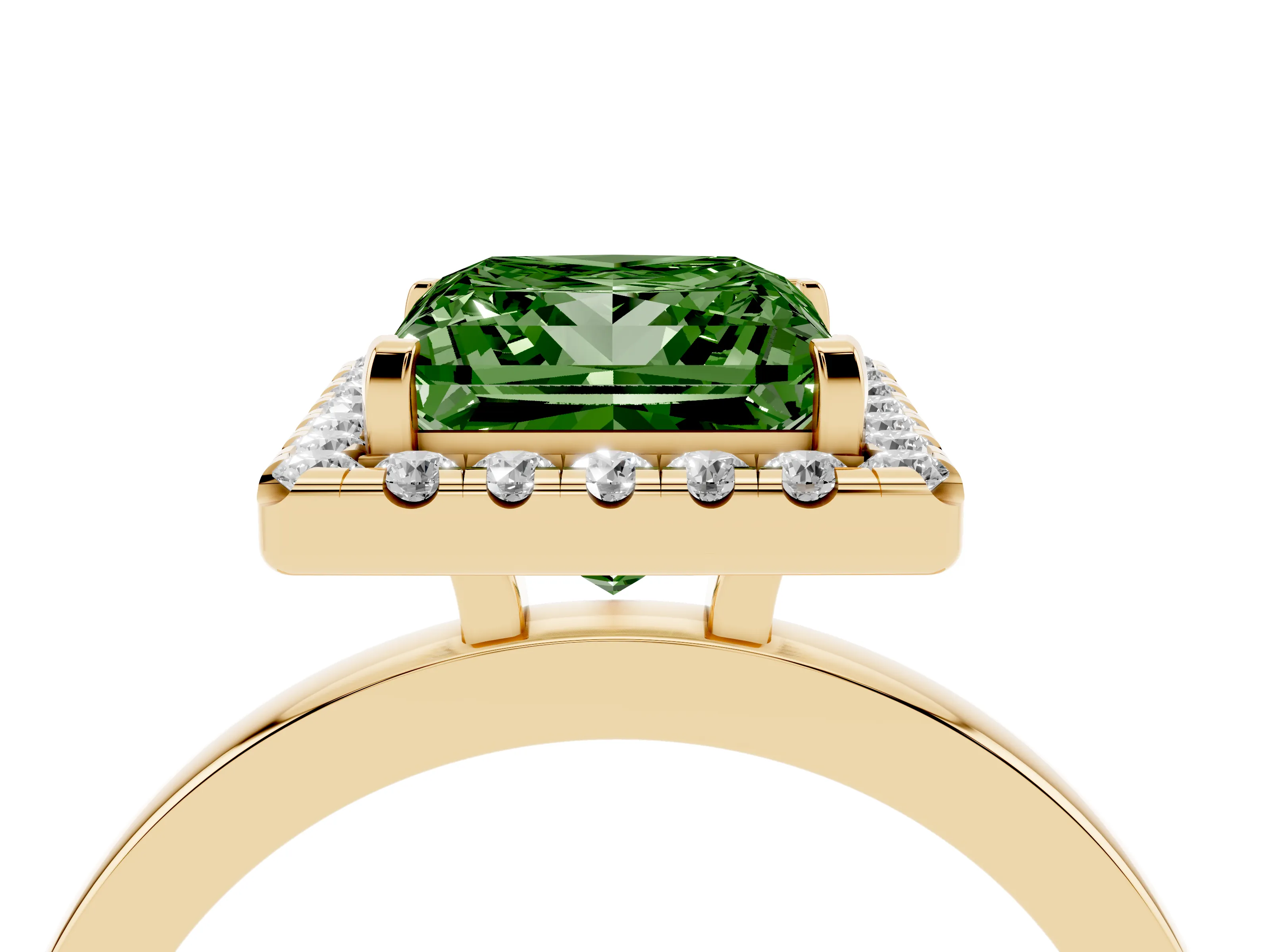 Fancy Green Princess Cut Diamond Halo Solitaire Ring Set in Yellow gold with Pavé Band and Prong Setting