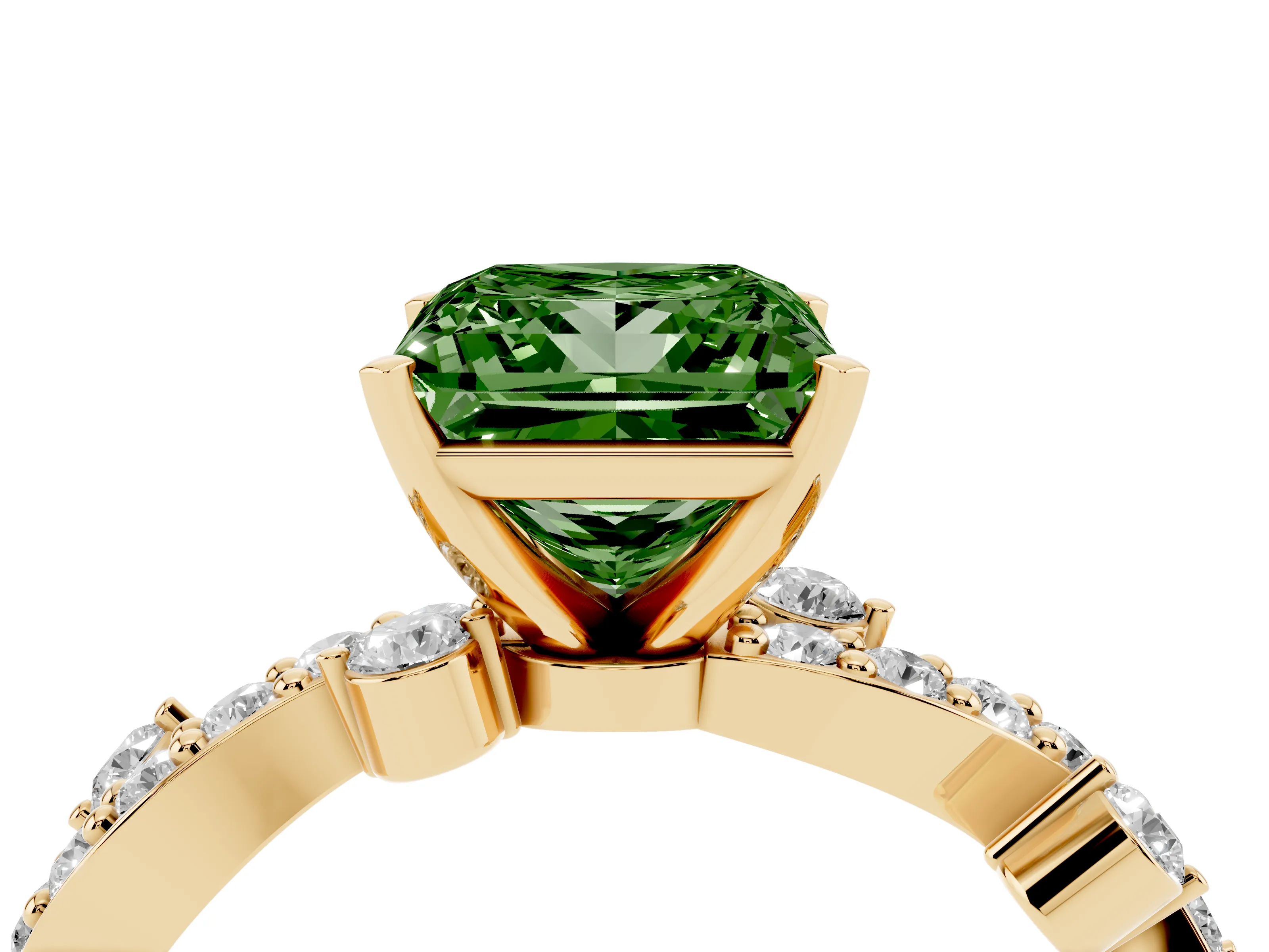 Fancy Green Princess Cut Diamond Solitaire Twisted Band Set in Yellow gold with Pavé Setting