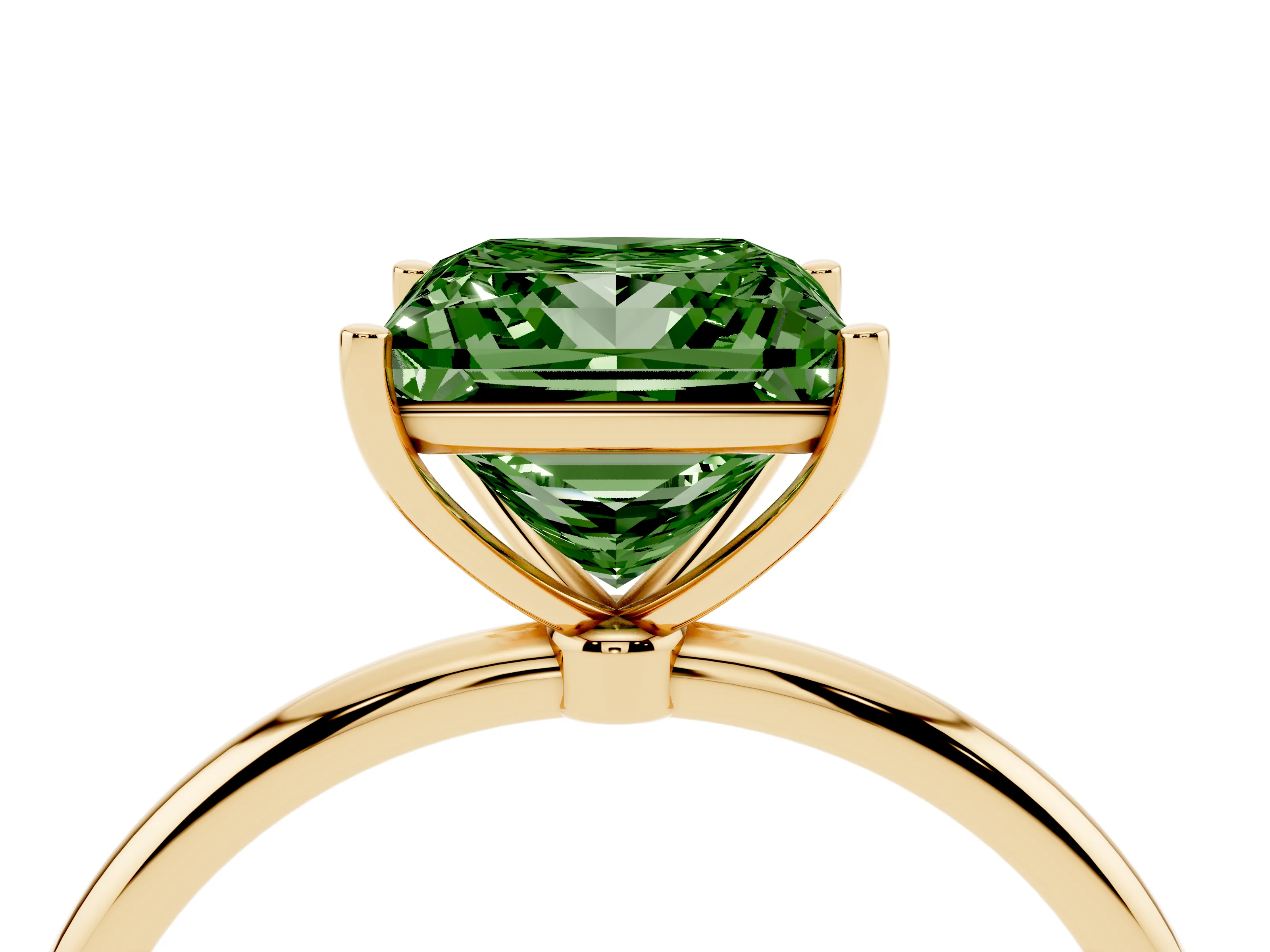 Fancy Green Princess Cut Diamond Solitaire Engagement Ring Set in Yellow gold with Thin Band and Prong Setting