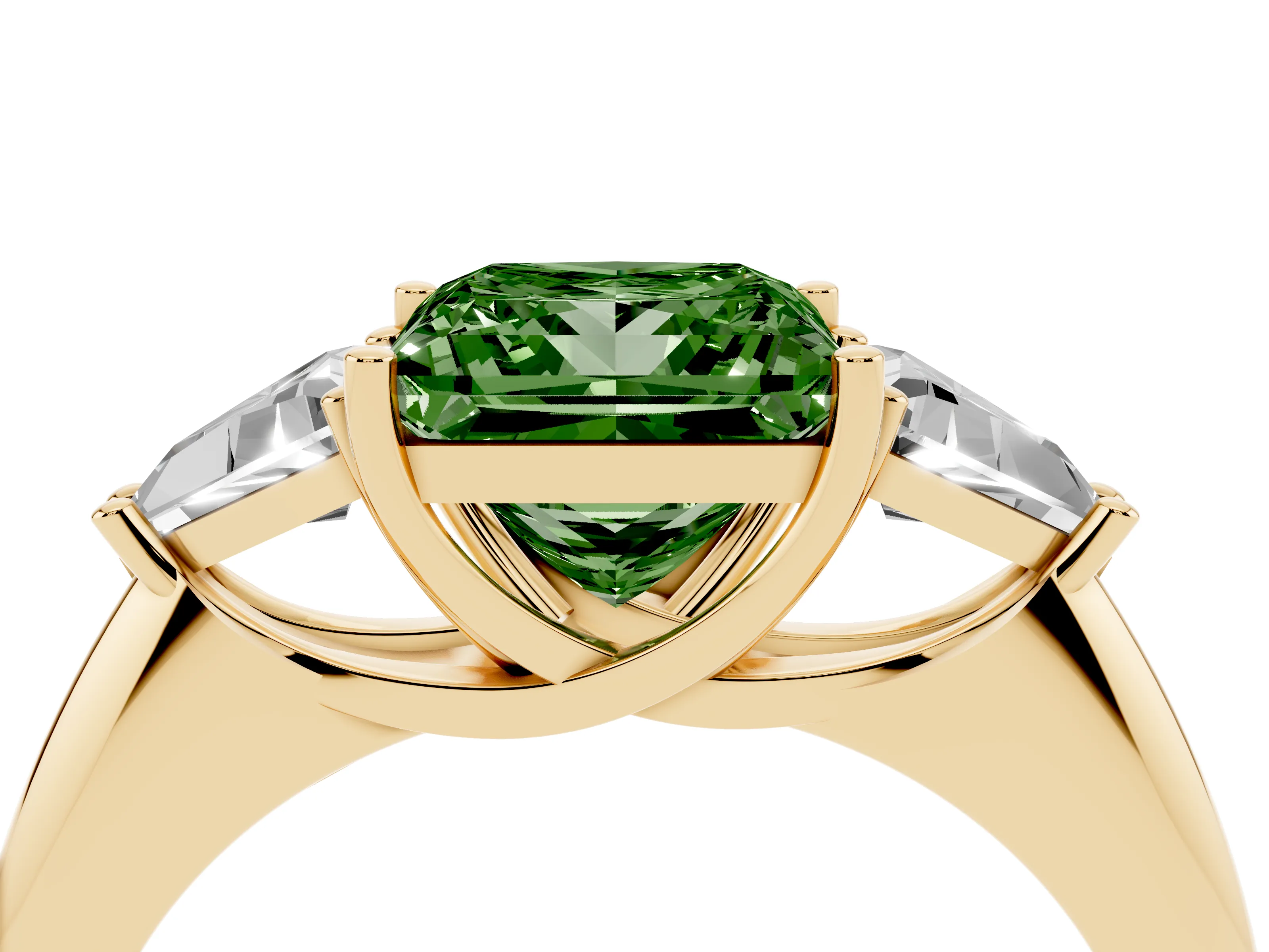 Fancy Green Princess Cut Diamond Three-Stone Engagement Ring Set in Yellow gold with Trillion Side Stones