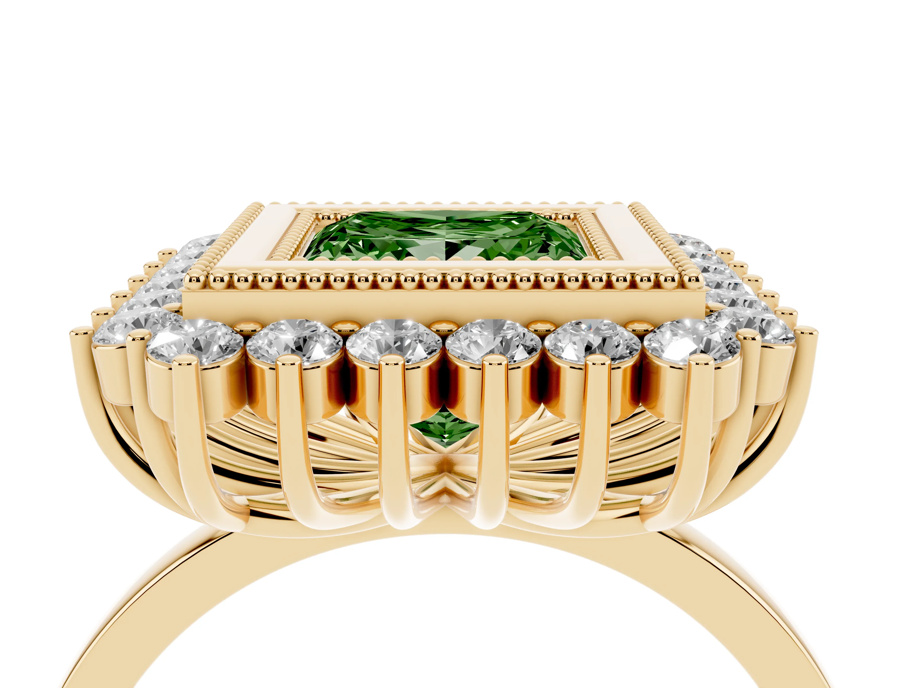 Fancy Green Princess Cut Diamond Halo Ring Set in Yellow gold with Milgrain Edge and Round Prong Setting