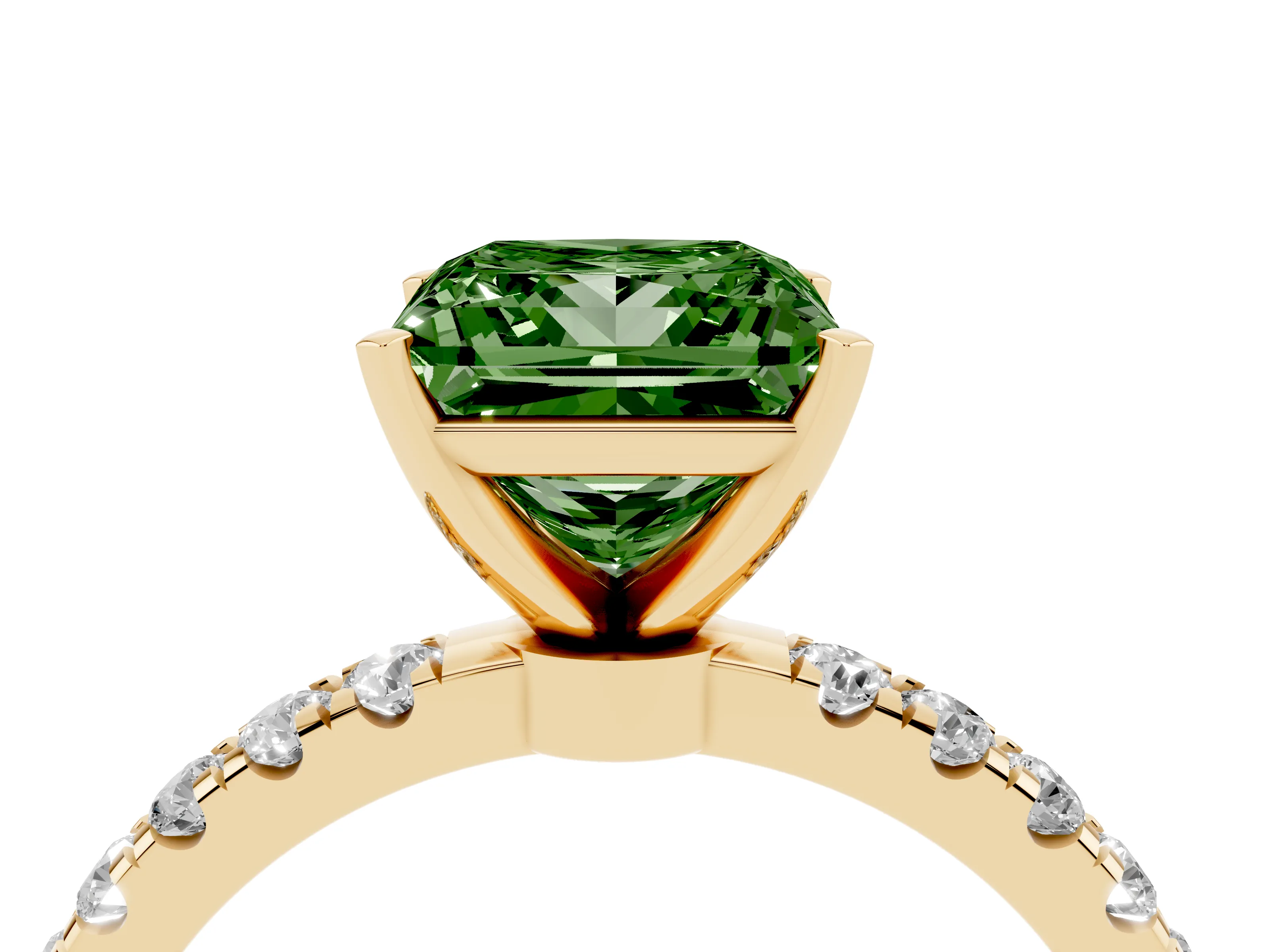 Fancy Green Princess Cut Diamond Solitaire Ring Set in Yellow gold with Pavé Accents and Prong Setting