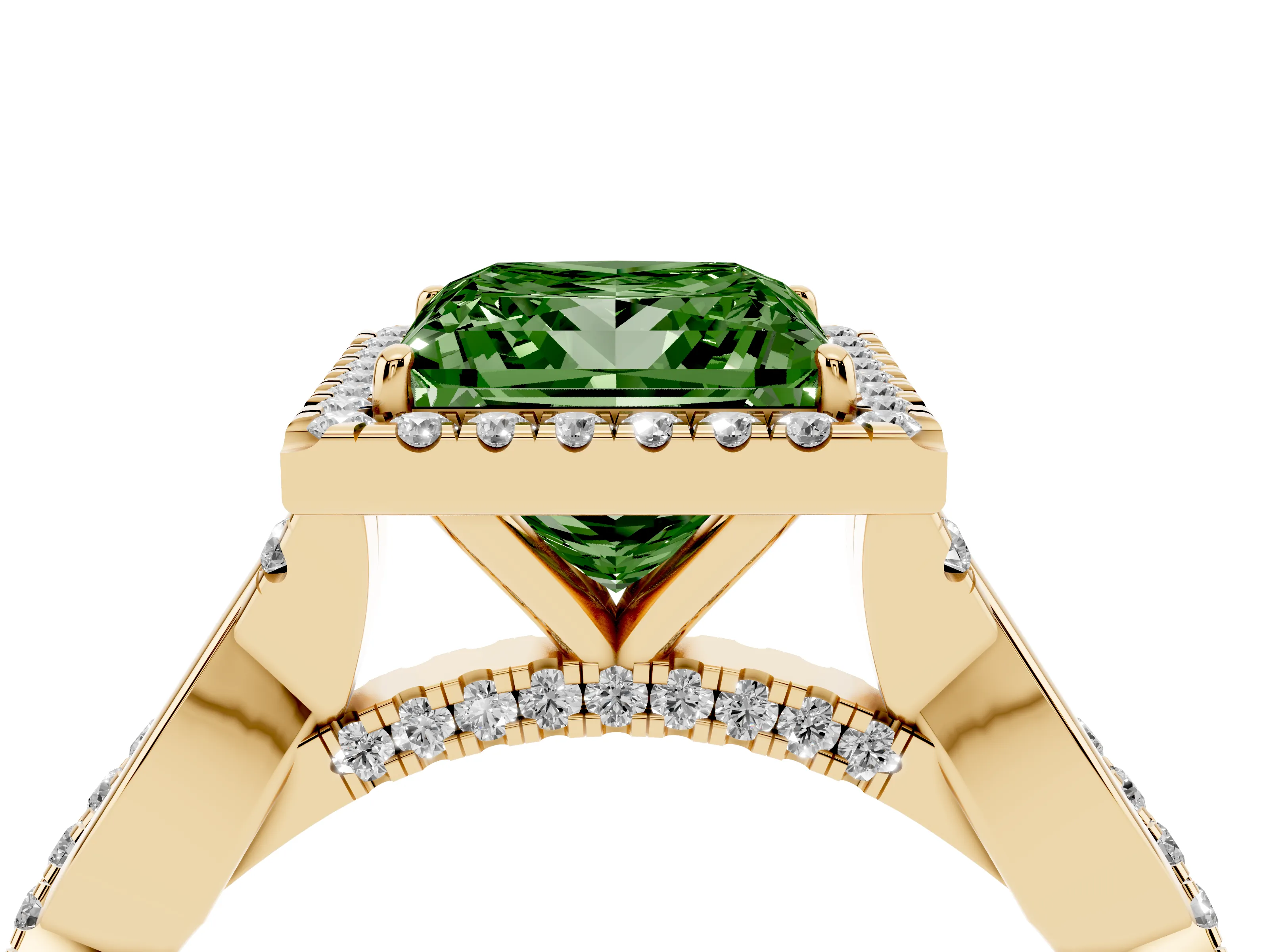 Fancy Green Princess Cut Diamond Halo Twist Band Solitaire Ring Set in Yellow gold with Prong Setting