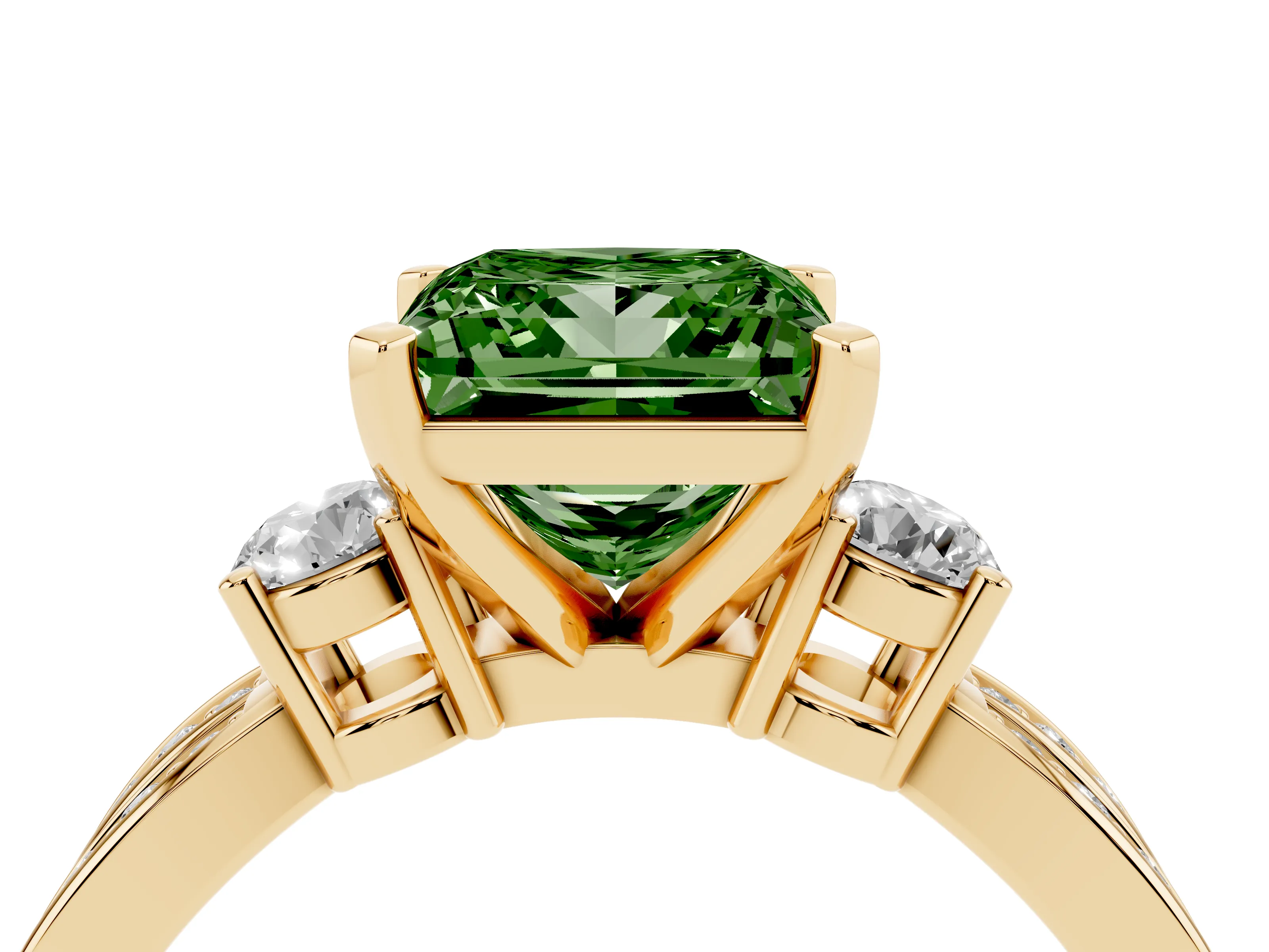 Fancy Green Three-Stone Princess Cut Diamond Twist Band Ring Set in Yellow gold with Pavé Accents and Prong Setting