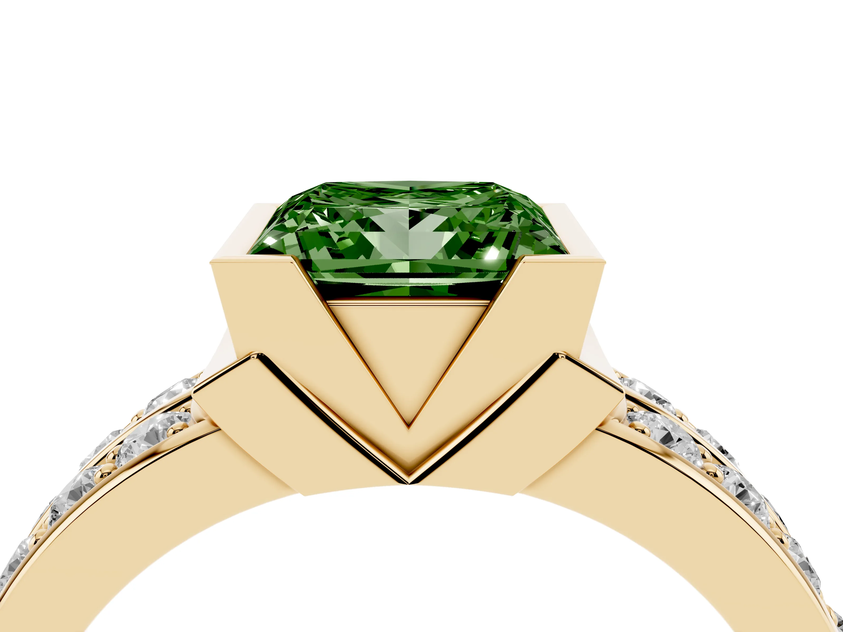 Fancy Green Princess Cut Diamond Wide Channel Set Band Ring Set in Yellow gold with Bezel Setting