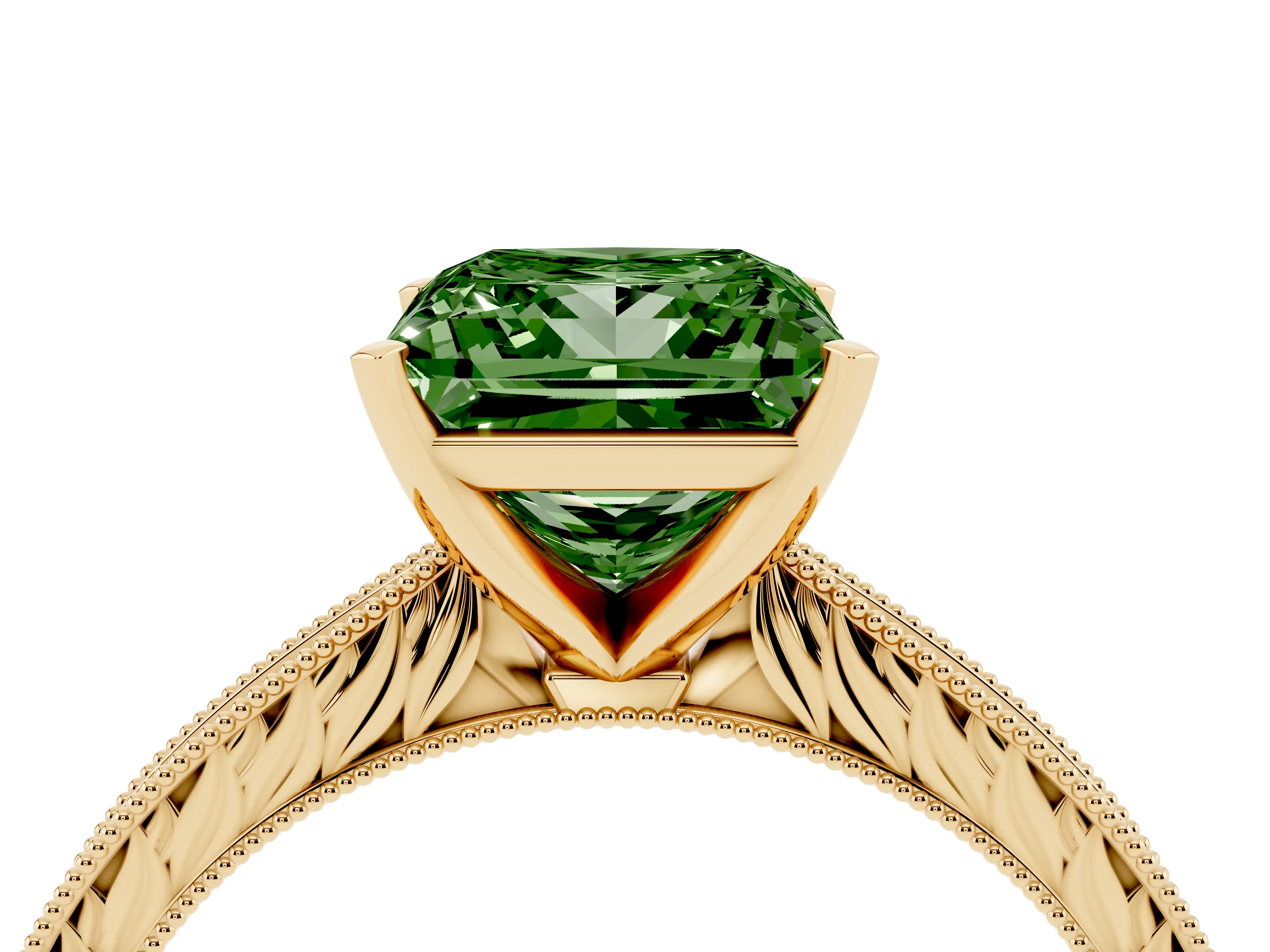 Fancy Green Princess Cut Diamond Solitaire Milgrain Engraved Band Set in Yellow gold with Prong Setting