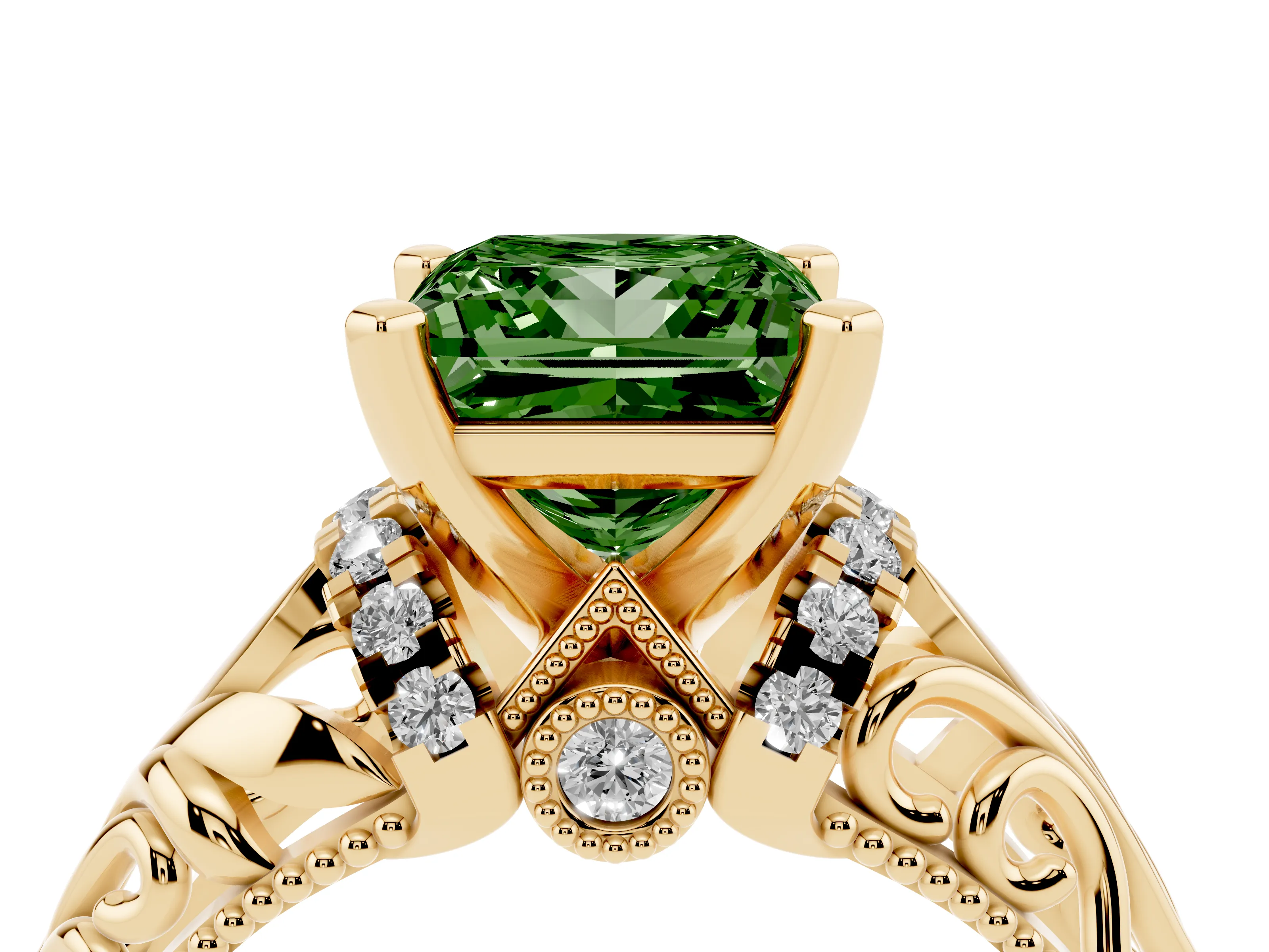 Fancy Green Princess Cut Diamond Filigree Halo Engagement Ring Set in Yellow gold with Prong Setting