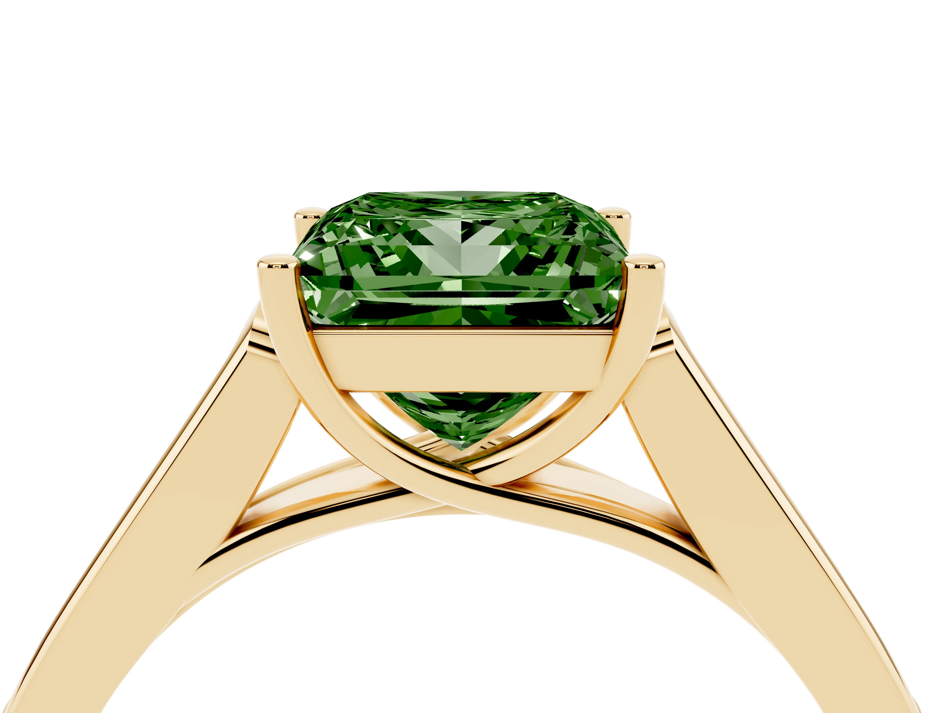 Fancy Green Princess Cut Diamond Solitaire Cathedral Engagement Ring Set in Yellow gold with Channel-Set Band and Prong Setting