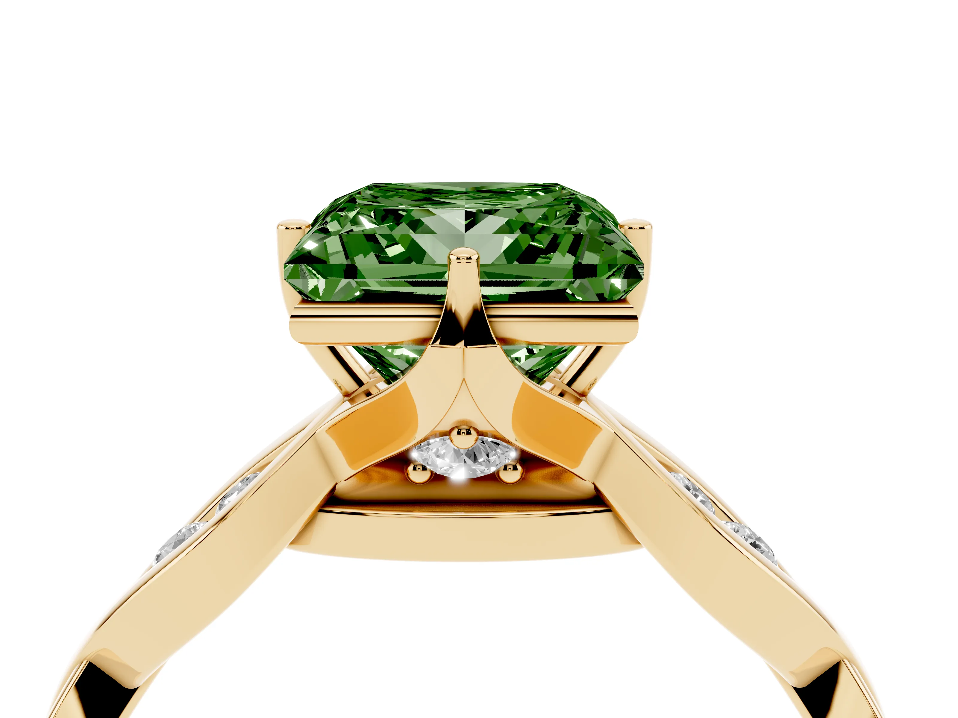 Fancy Green Princess Cut Diamond Twist Band Solitaire Ring Set in Yellow gold with Leaf Prong Setting and Accent Stones