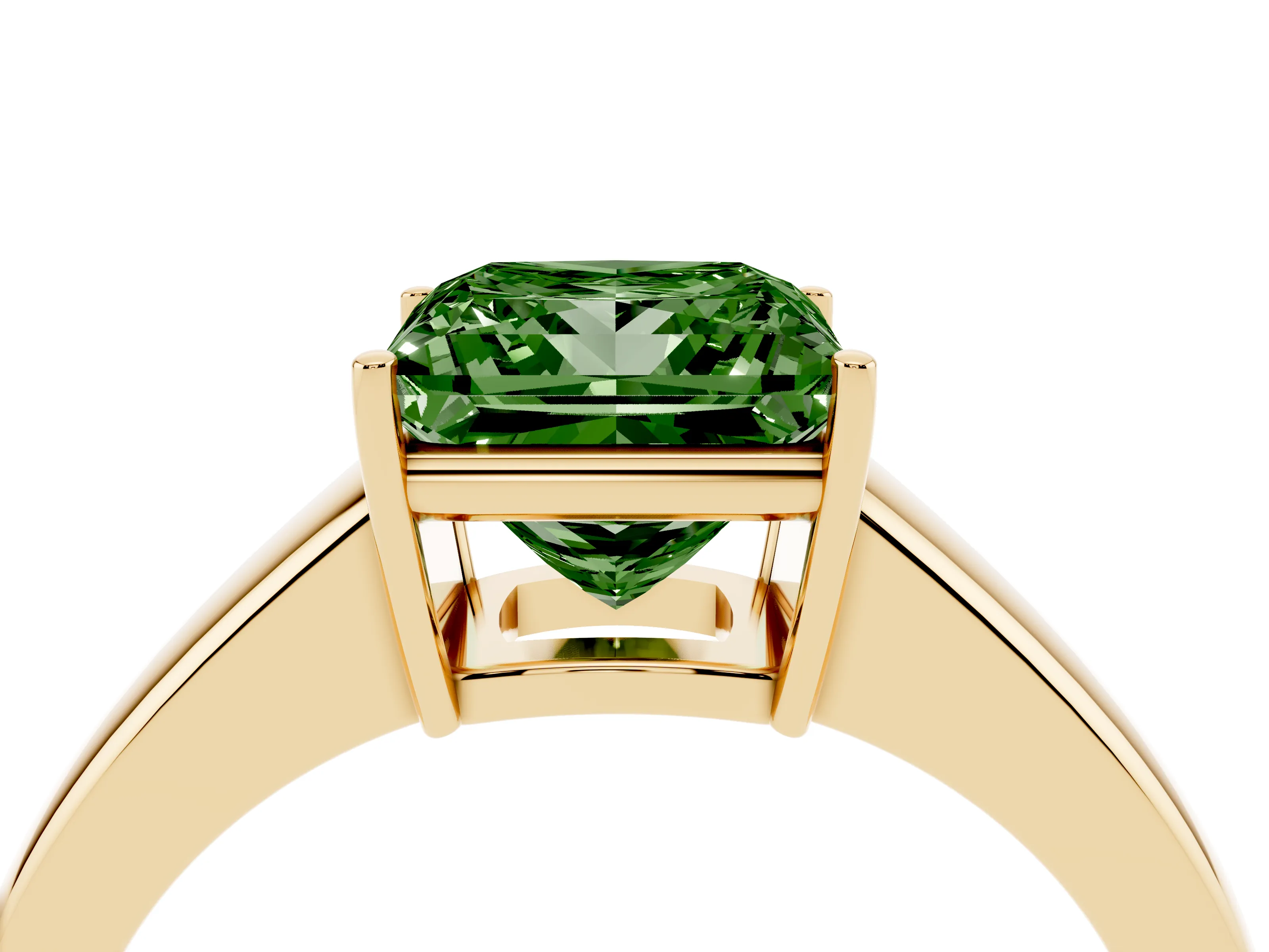 Fancy Green Princess Cut Diamond Solitaire Ring Set in Yellow gold with Tapered Band and Prong Setting