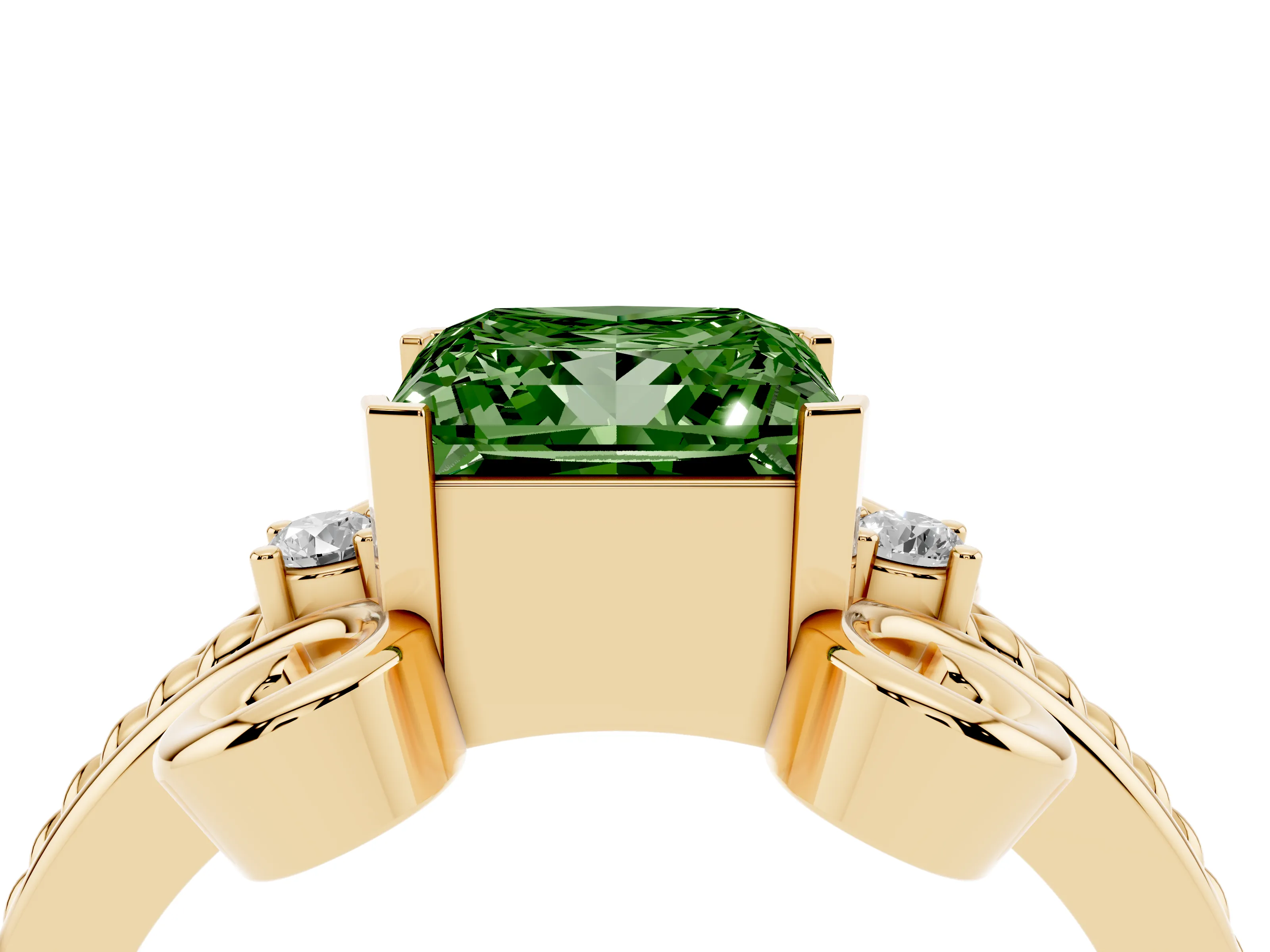 Fancy Green Princess Cut Diamond Twisted Band Solitaire Ring Set in Yellow gold with Scroll Prongs