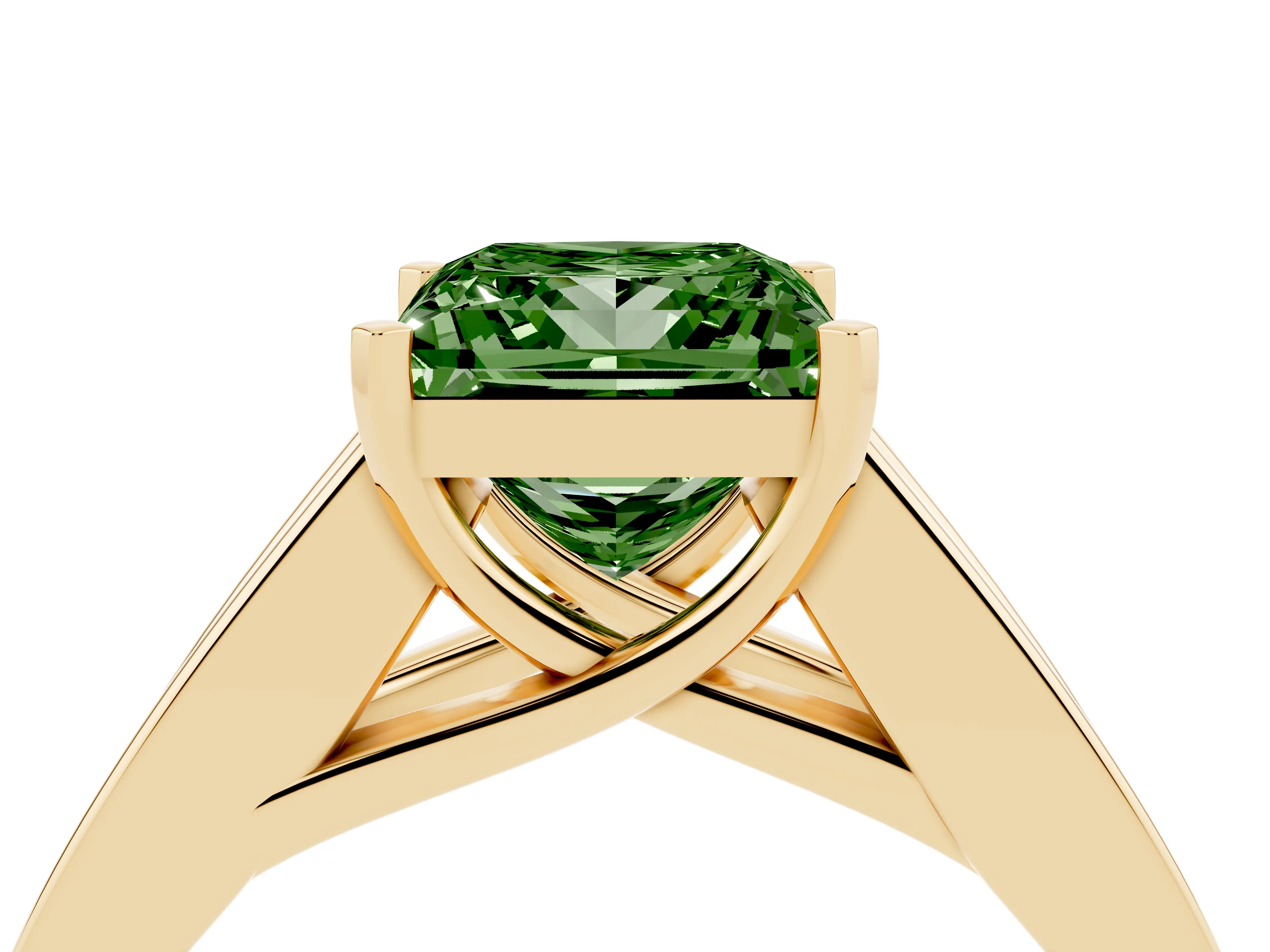 Fancy Green Princess Cut Diamond Solitaire Ring Set in Yellow gold with Channel-Set Accent Stones and Prong Setting